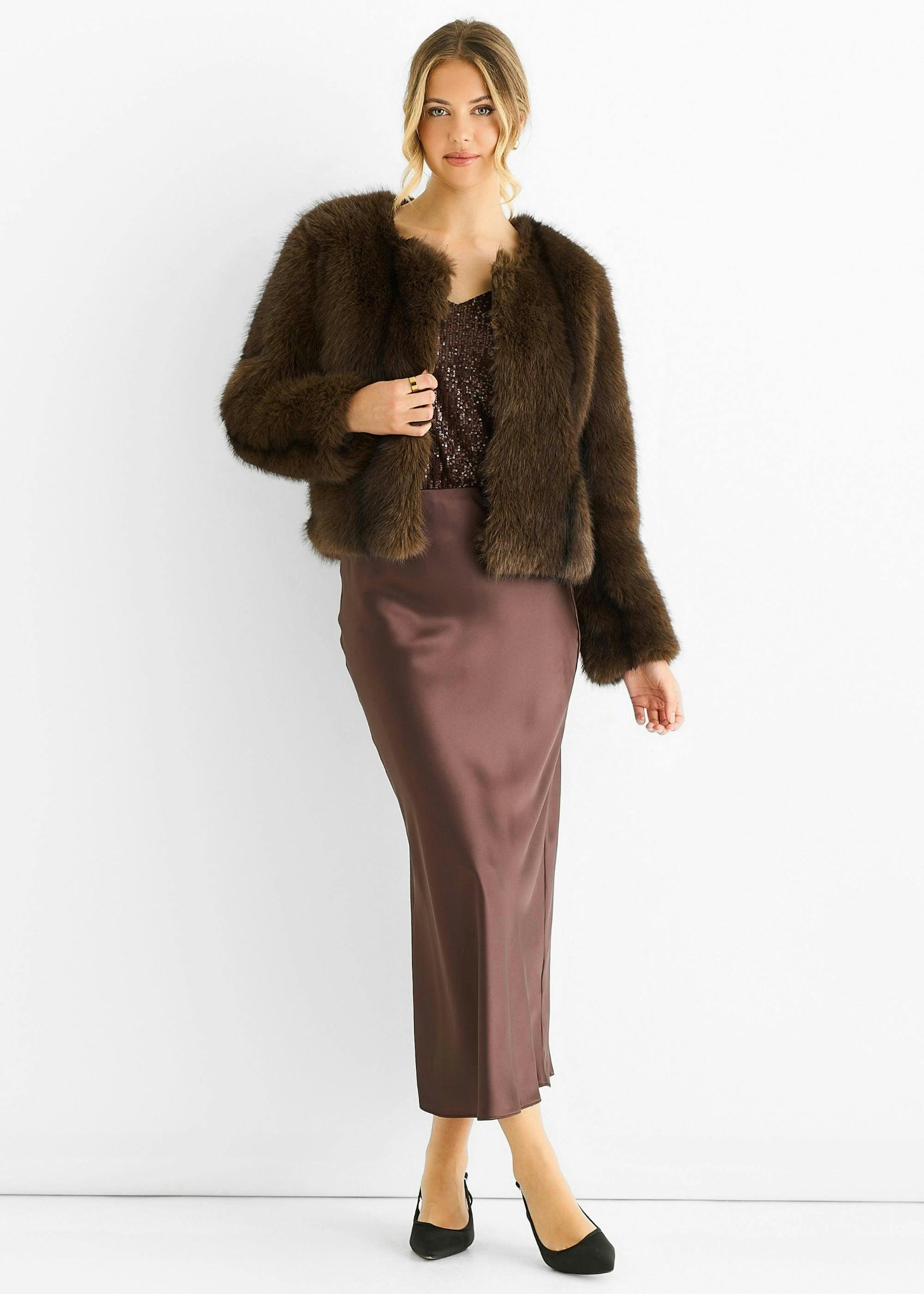 Coffee Round Neck Faux Fur Cropped Jacket , view 2 of 4