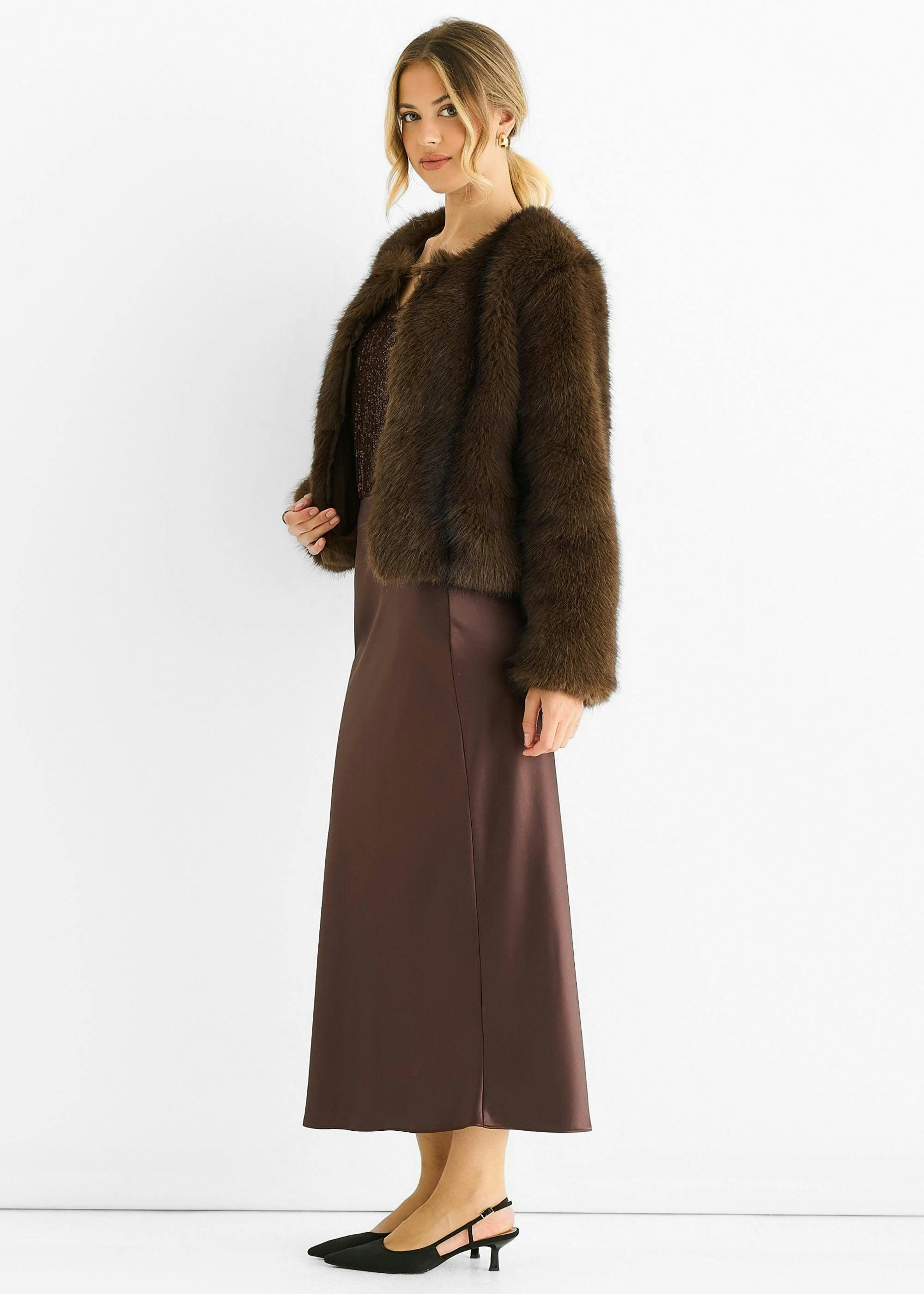 Coffee Round Neck Faux Fur Cropped Jacket , view 3 of 4
