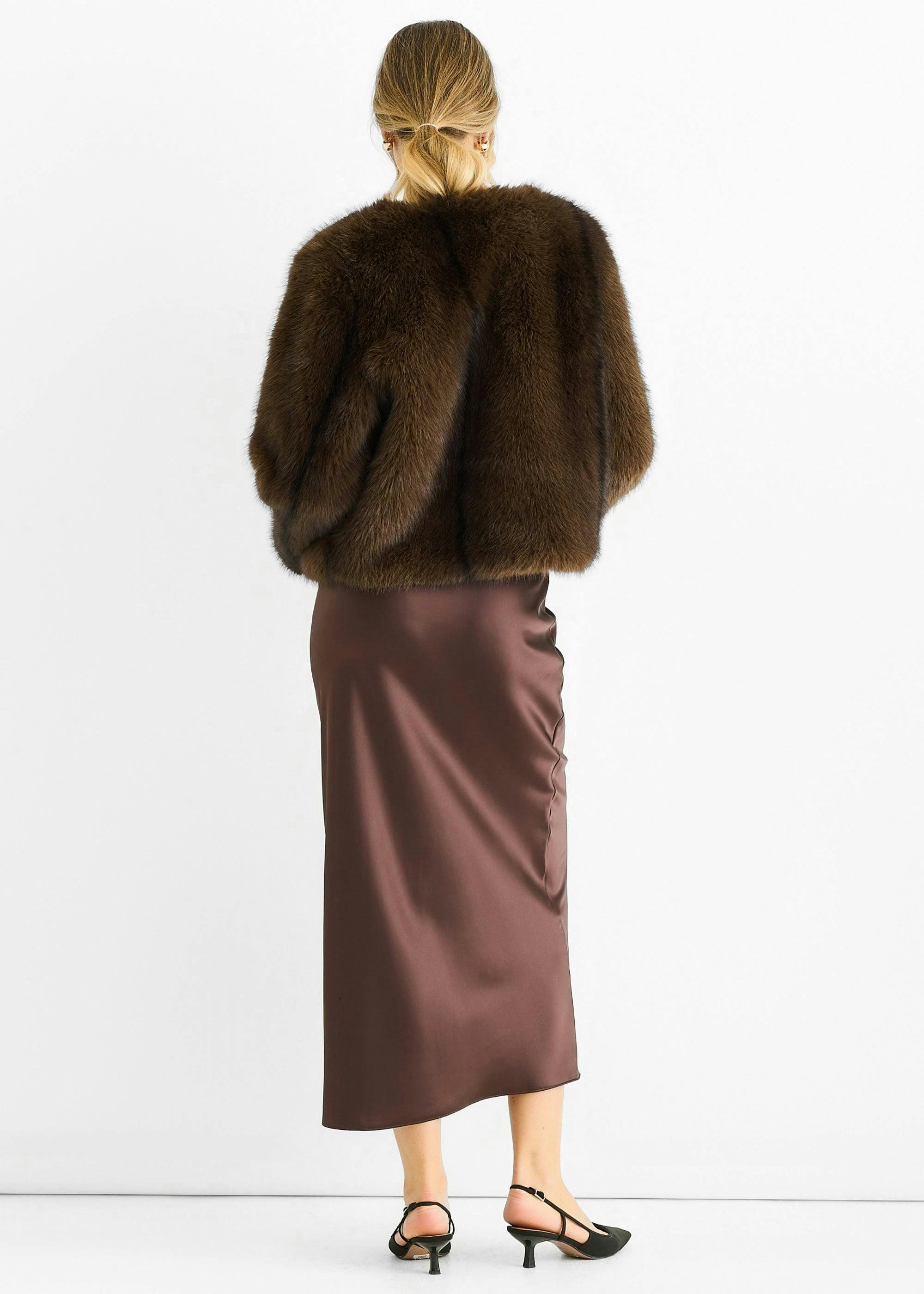 Coffee Round Neck Faux Fur Cropped Jacket , view 4 of 4