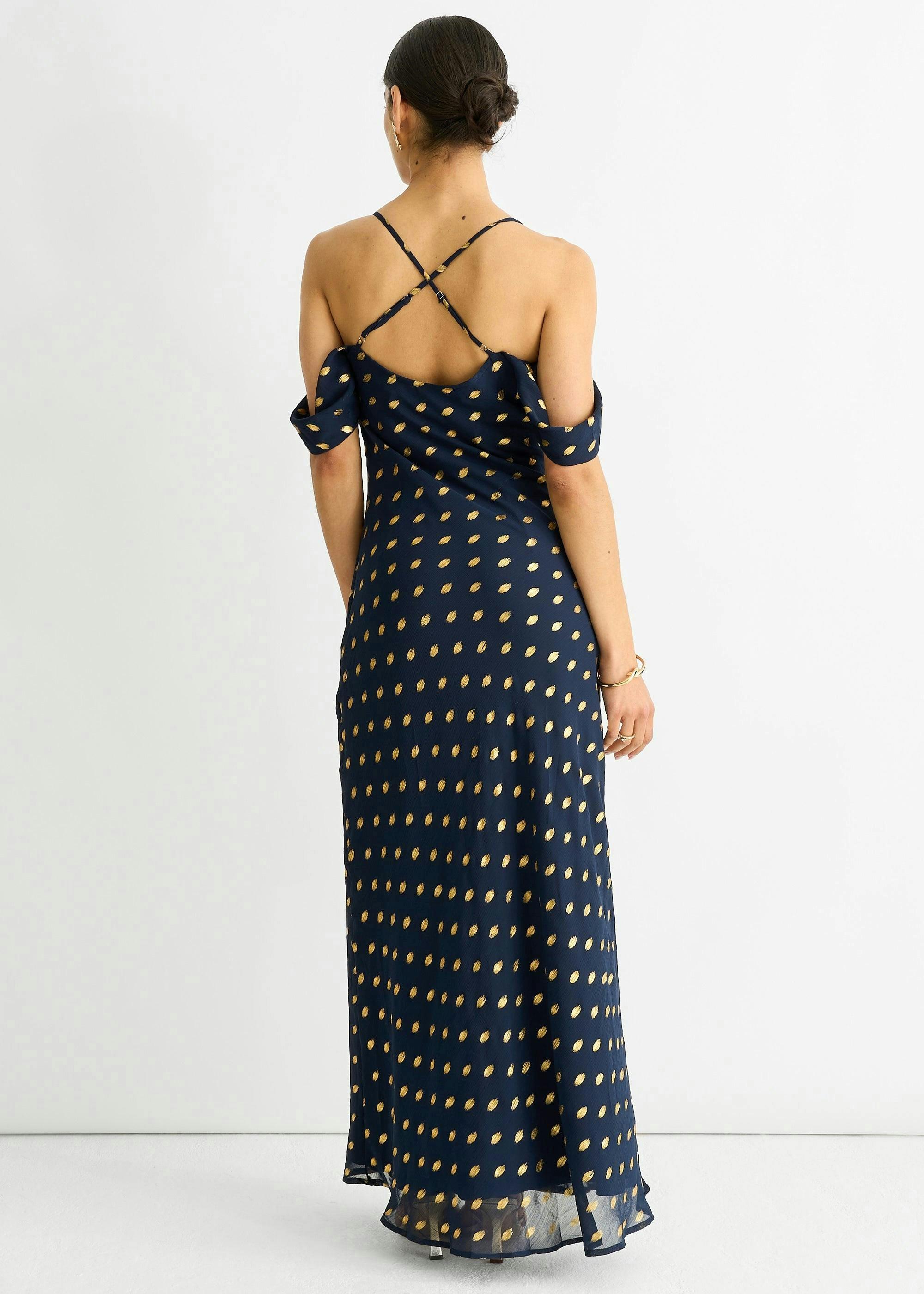 Navy Cowl Neck Drop Sleeves Foil Maxi Dress , view 2 of 4