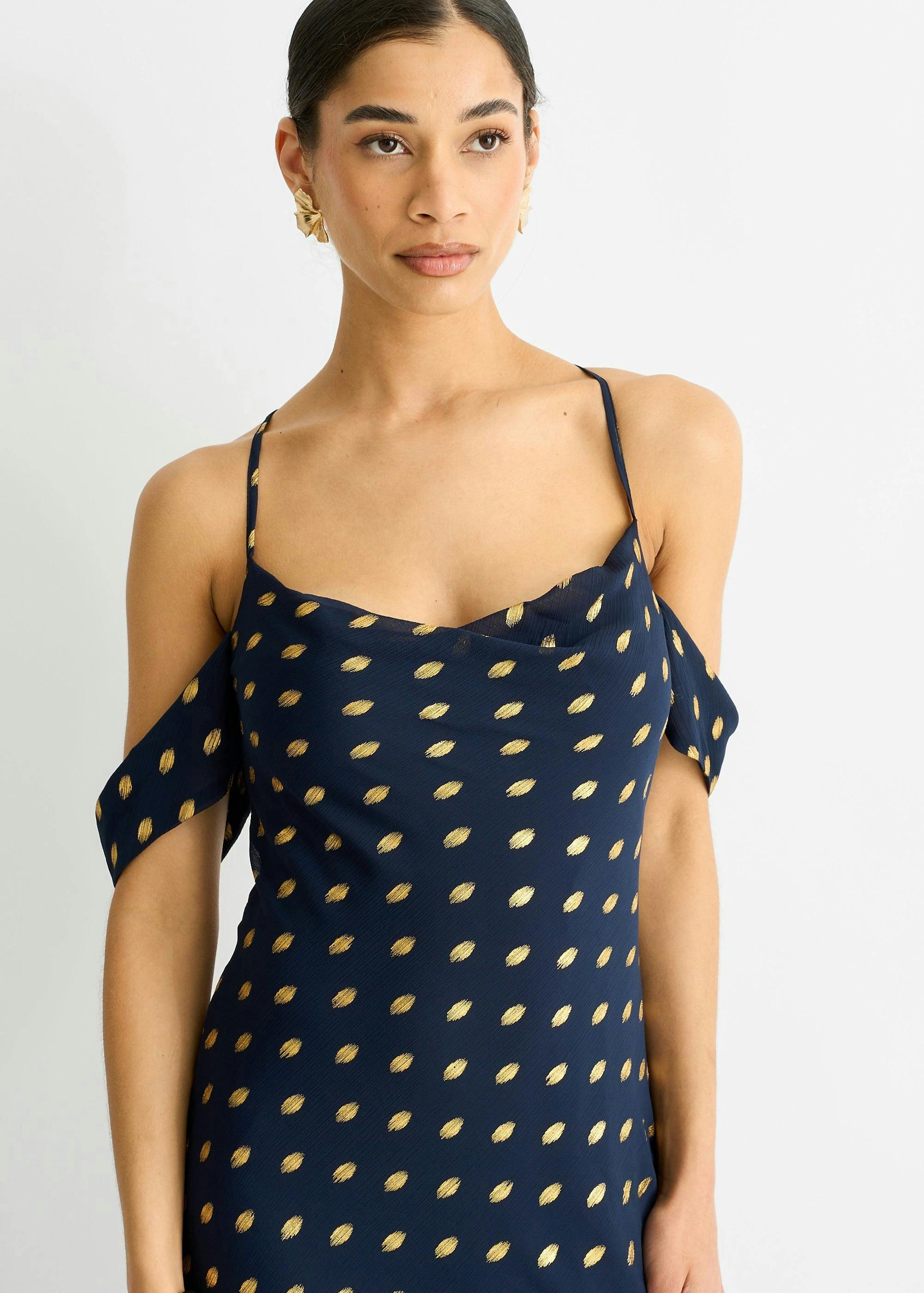 Navy Cowl Neck Drop Sleeves Foil Maxi Dress , view 3 of 4