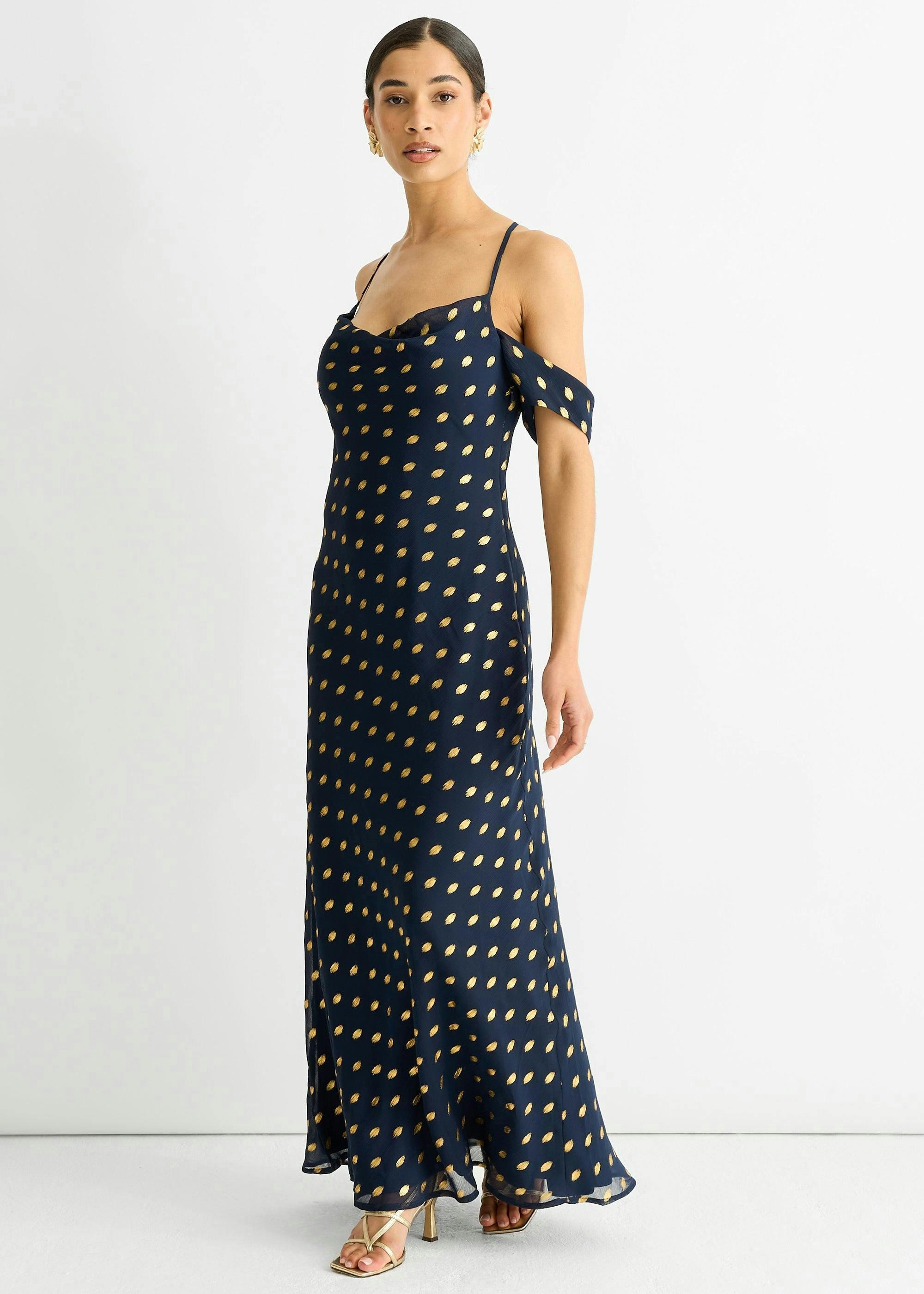 Navy Cowl Neck Drop Sleeves Foil Maxi Dress , view 4 of 4