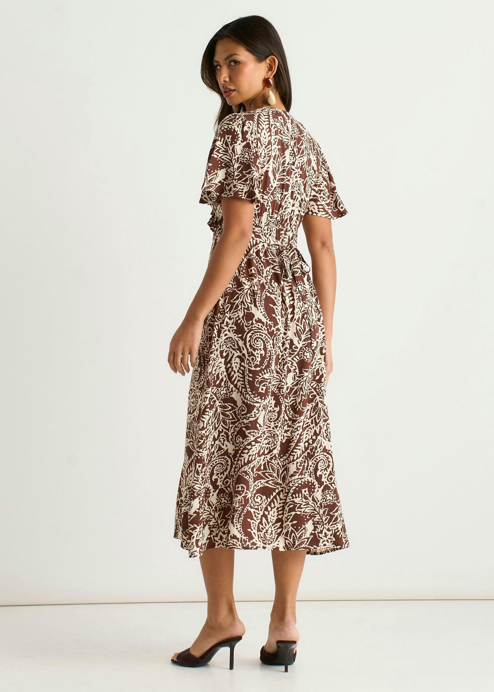 Chocolate Paisley Print Ruffle Midi Dress , view 2 of 4