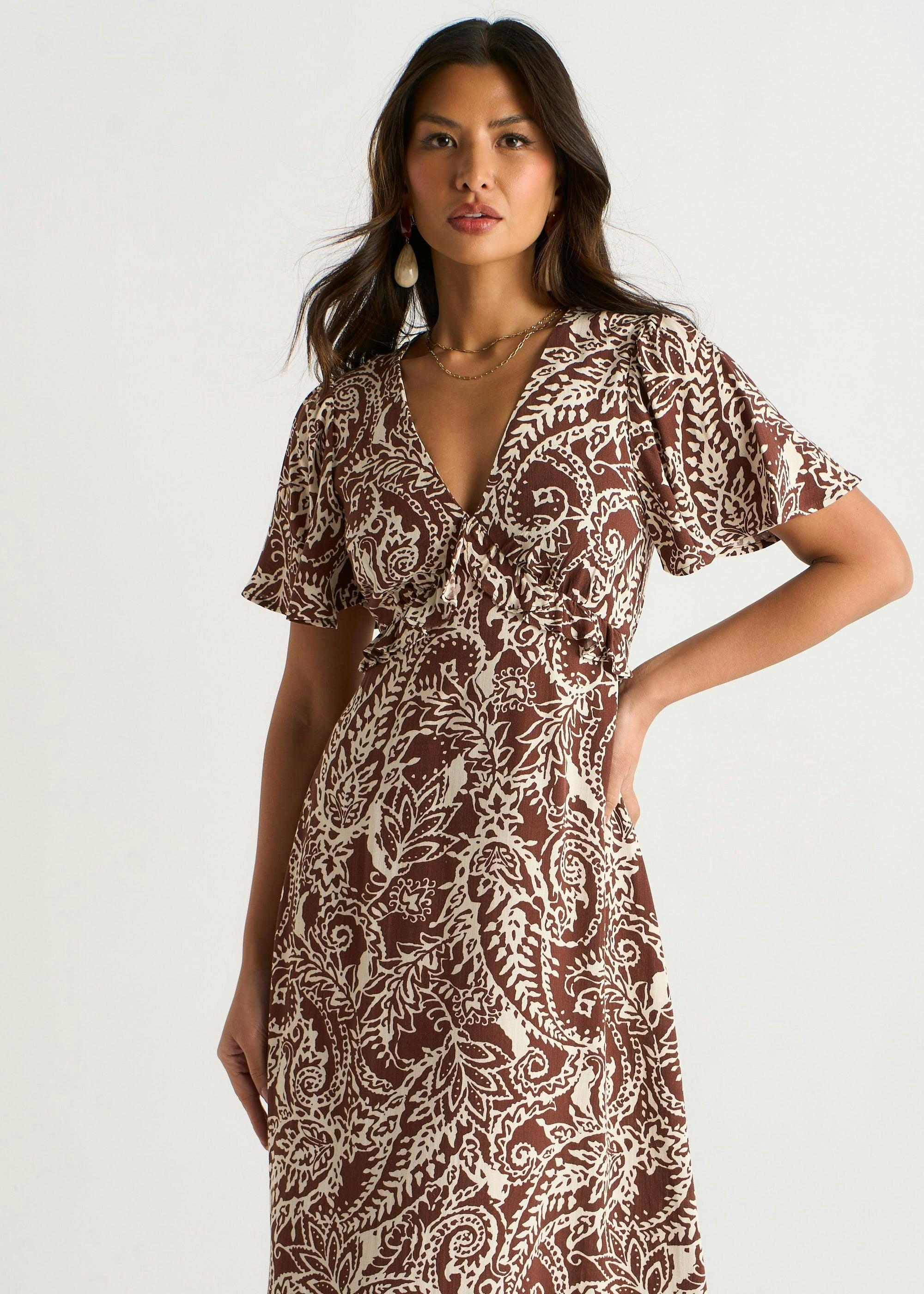Chocolate Paisley Print Ruffle Midi Dress , view 3 of 4