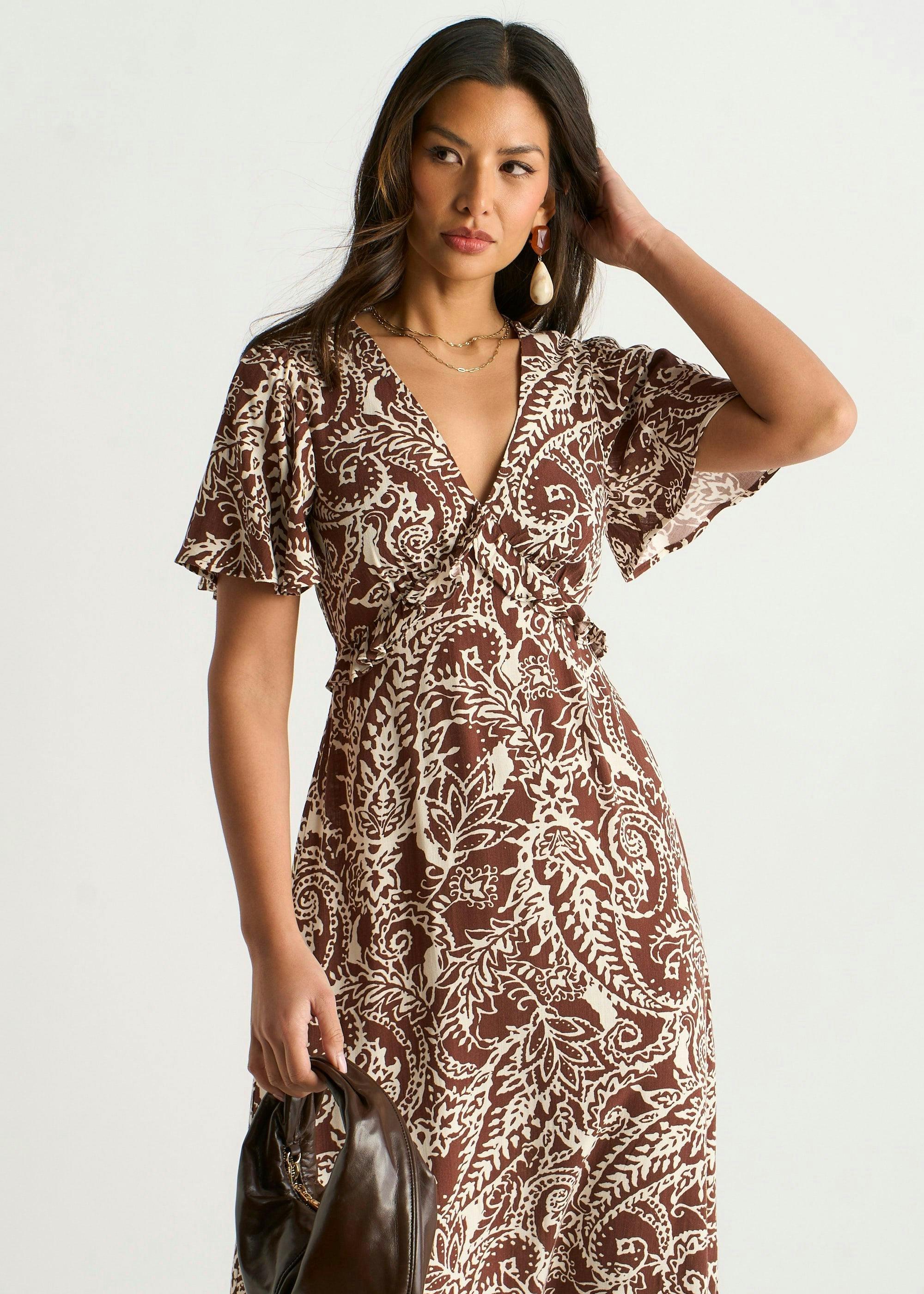 Chocolate Paisley Print Ruffle Midi Dress , view 4 of 4