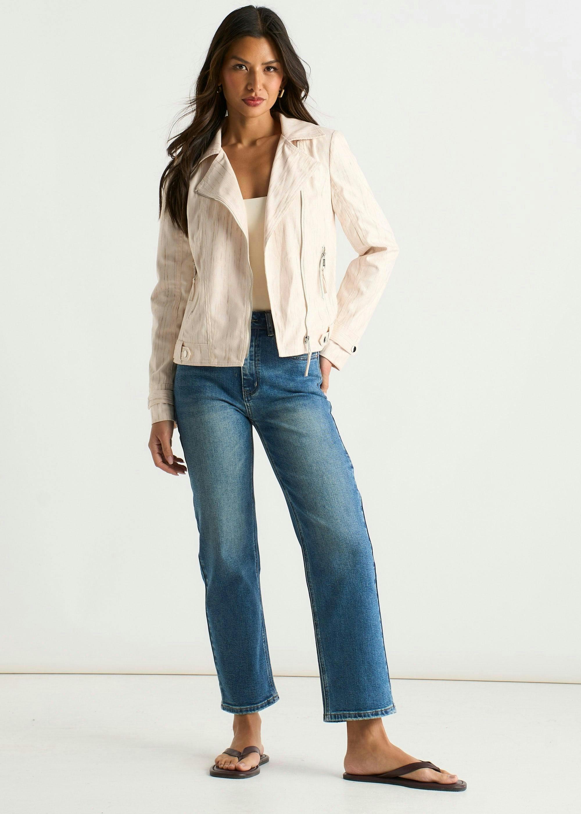 Beige Corduroy Asymmetrical Zip Moto Jacket , view 2 of 4