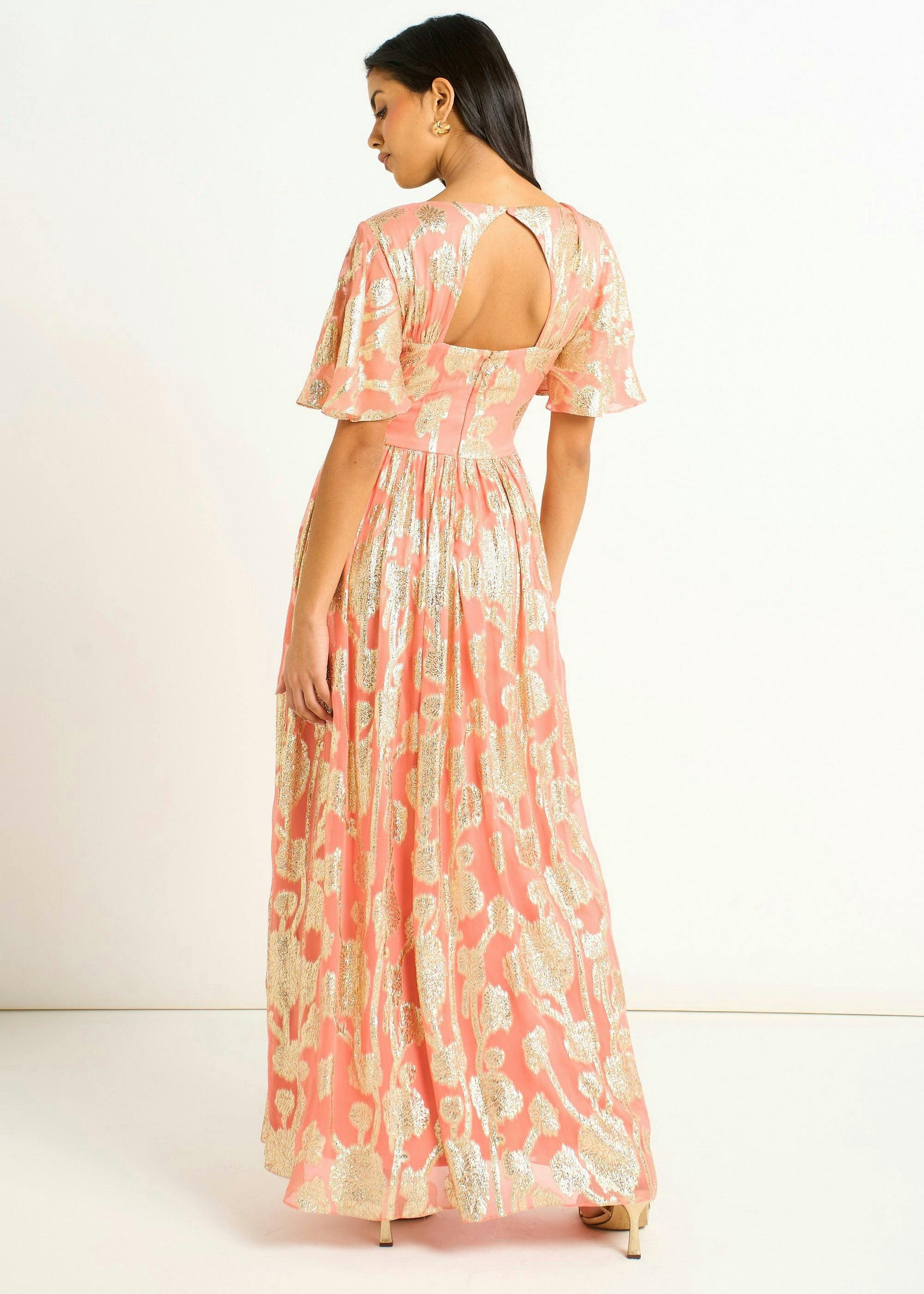 Pink Metallic Jacquard Flutter Sleeves Floral Maxi Dress , view 2 of 4