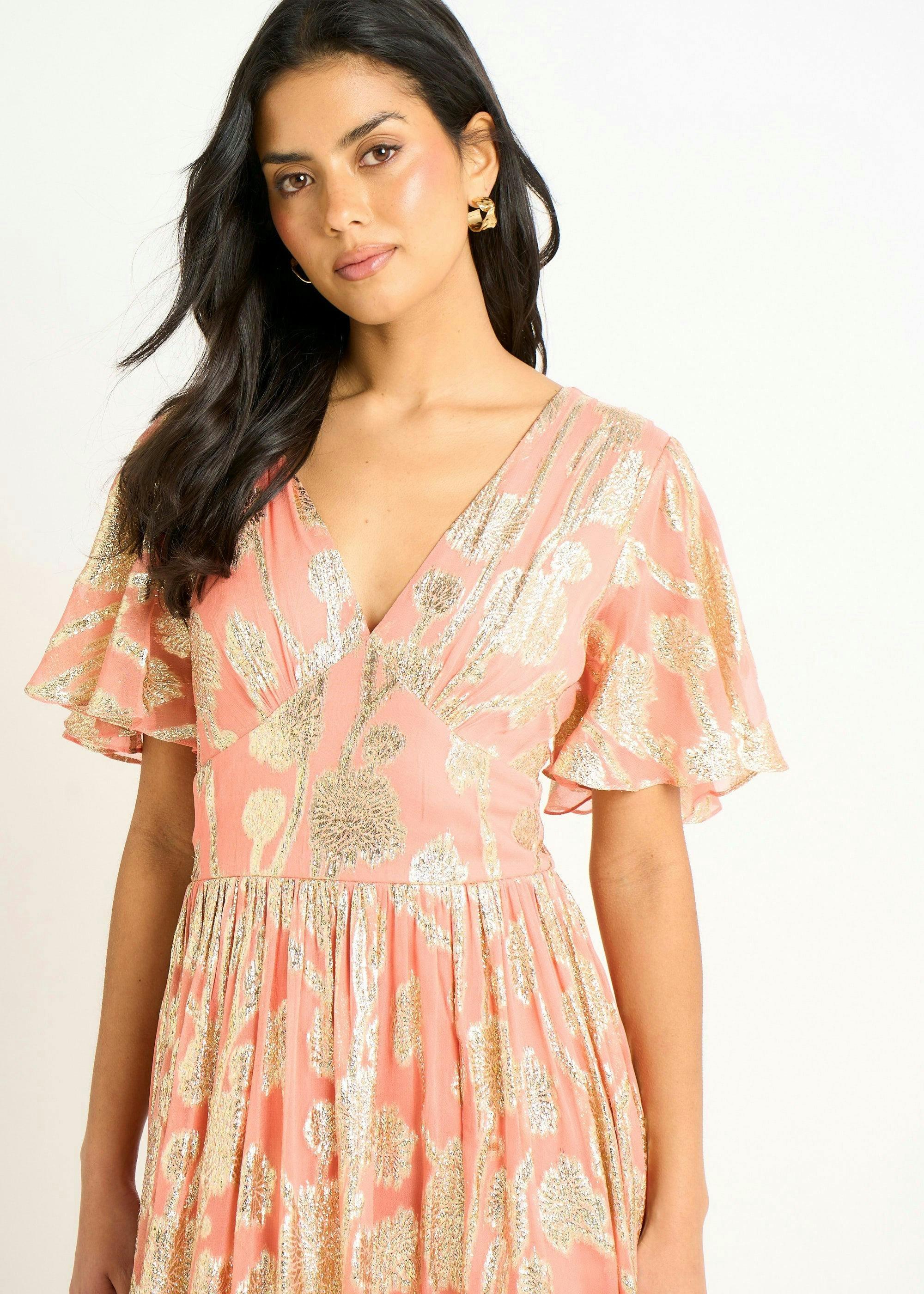 Pink Metallic Jacquard Flutter Sleeves Floral Maxi Dress , view 3 of 4