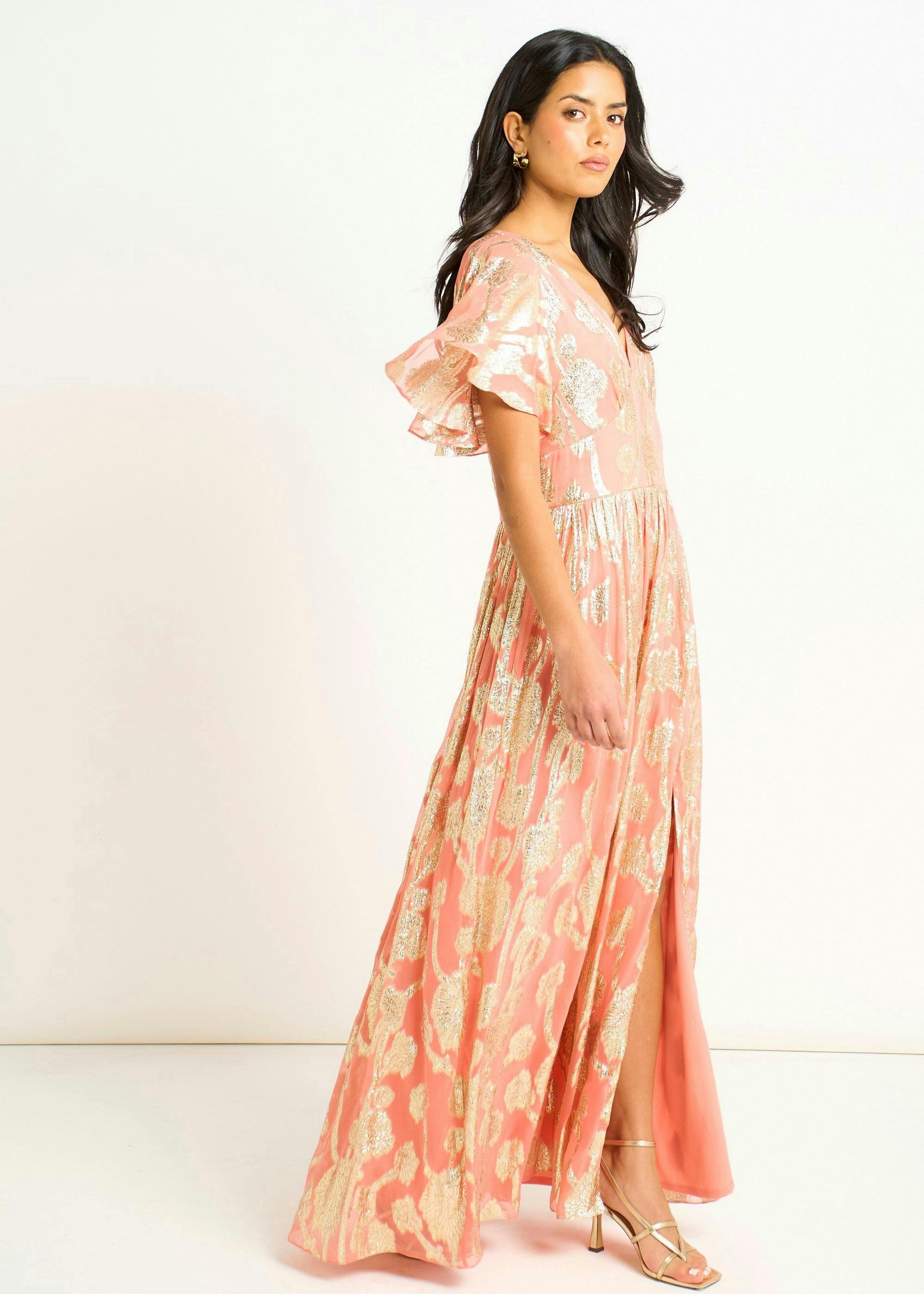 Pink Metallic Jacquard Flutter Sleeves Floral Maxi Dress , view 4 of 4