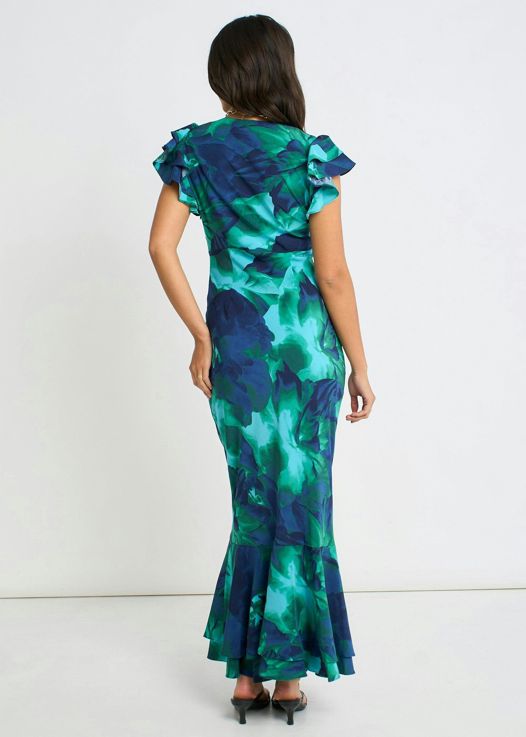 Green Watercolour Floral Maxi Dress , view 2 of 4