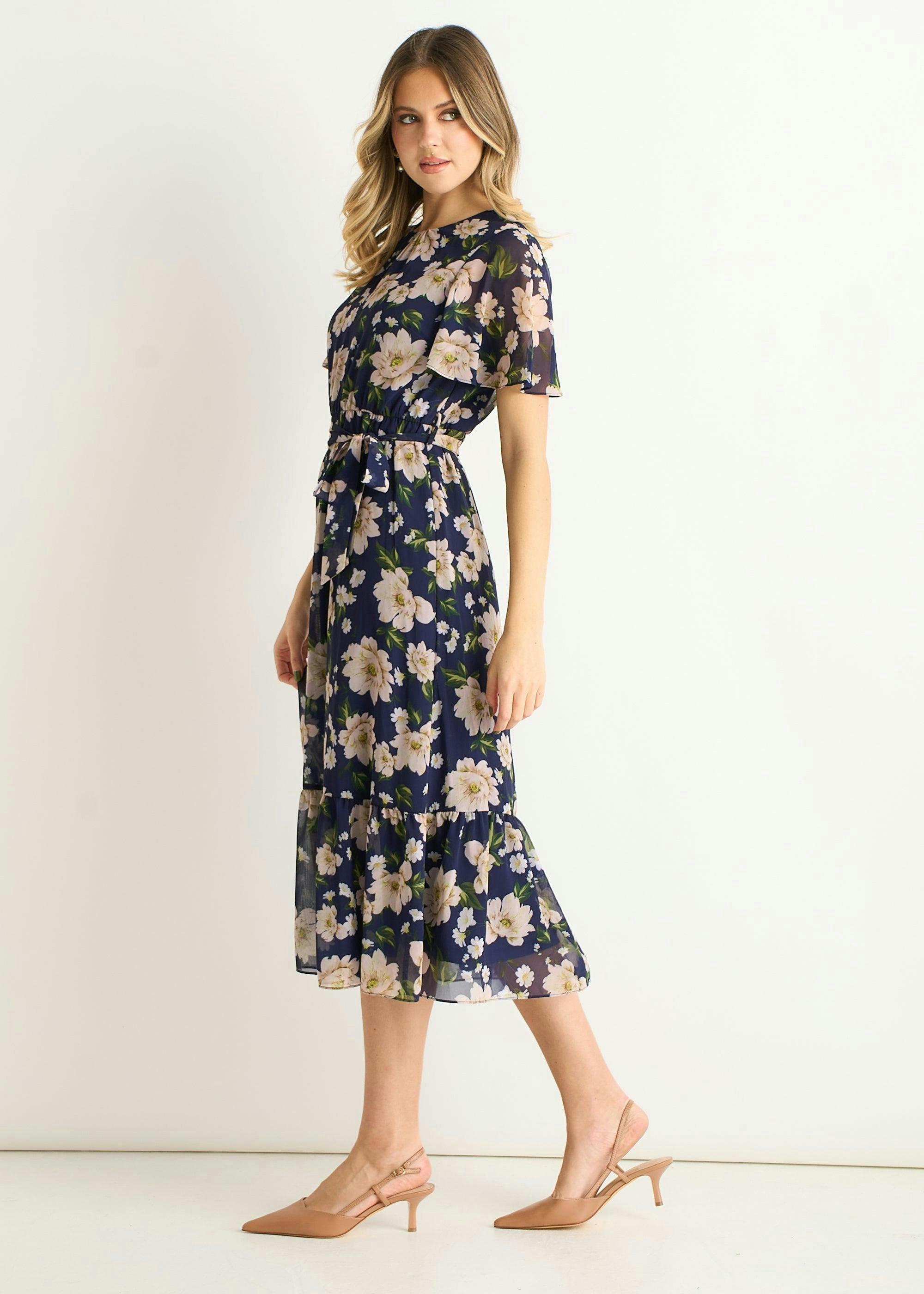 Navy Floral Print Fit & Flare Midi Dress , view 3 of 5