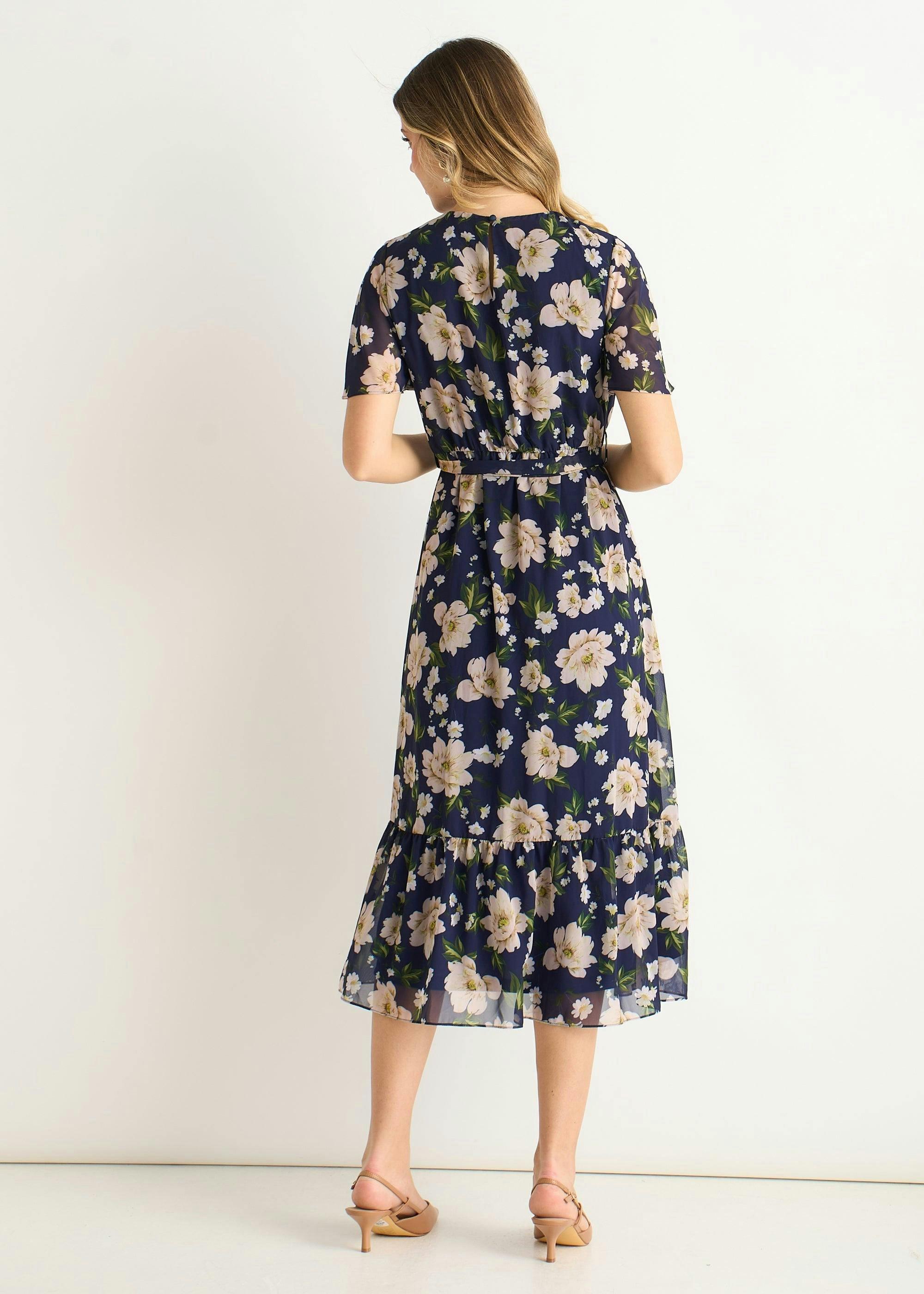 Navy Floral Print Fit & Flare Midi Dress , view 4 of 5