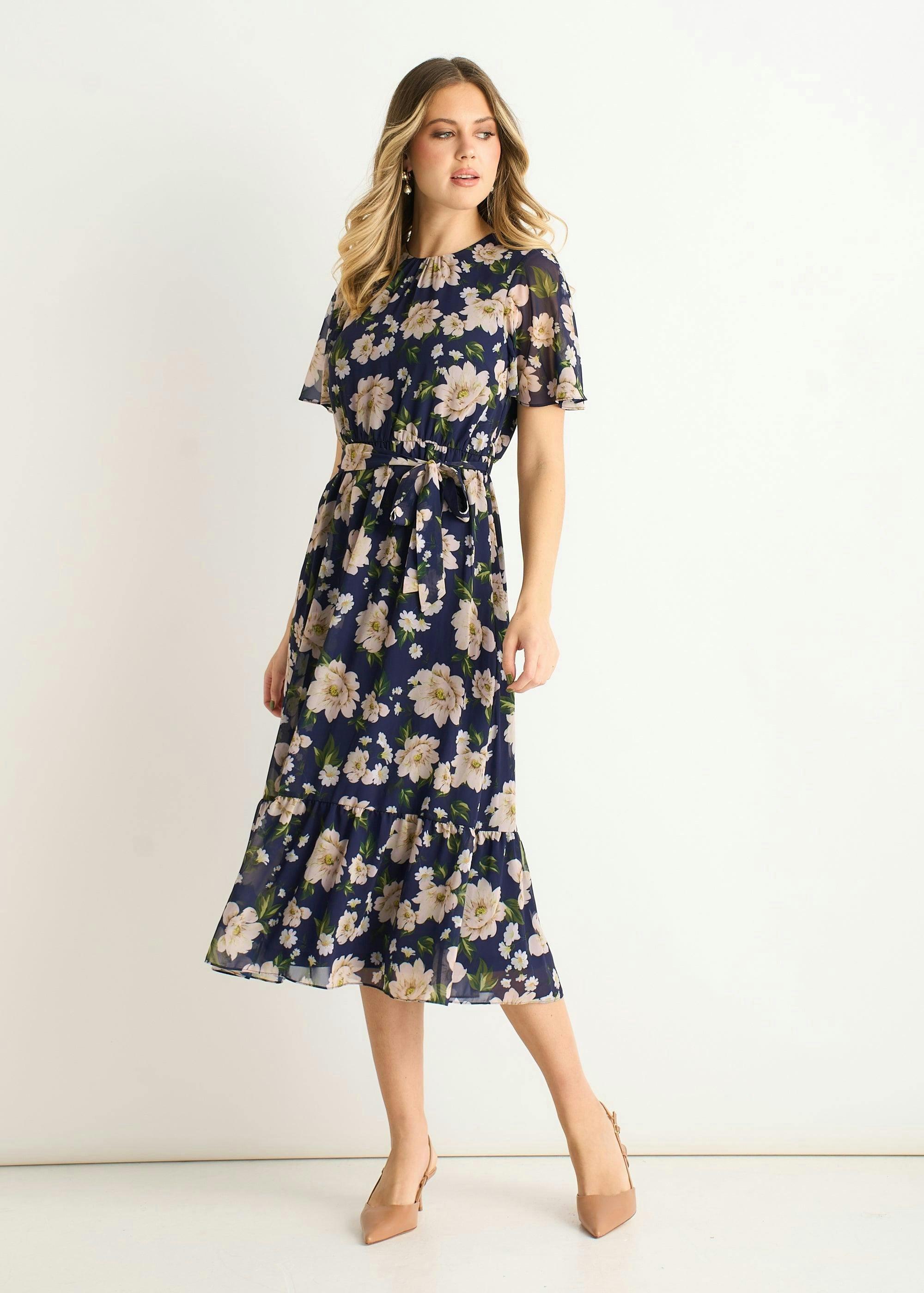 Navy Floral Print Fit & Flare Midi Dress , view 5 of 5