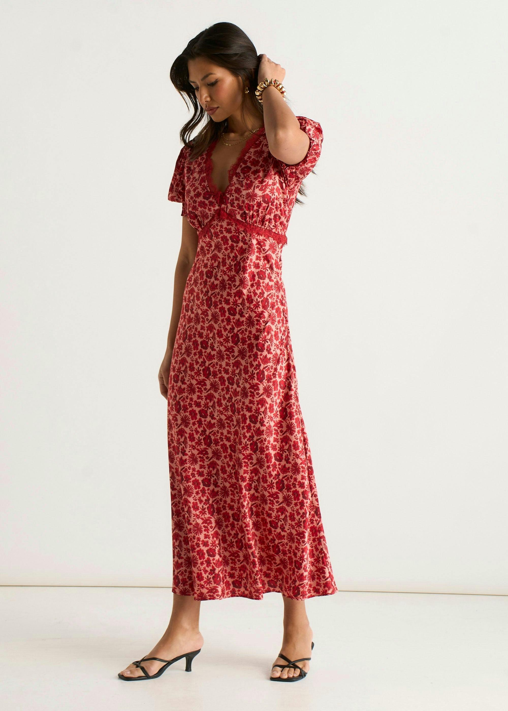Red Floral Lace Trim V Neck Midi Dress , view 3 of 4