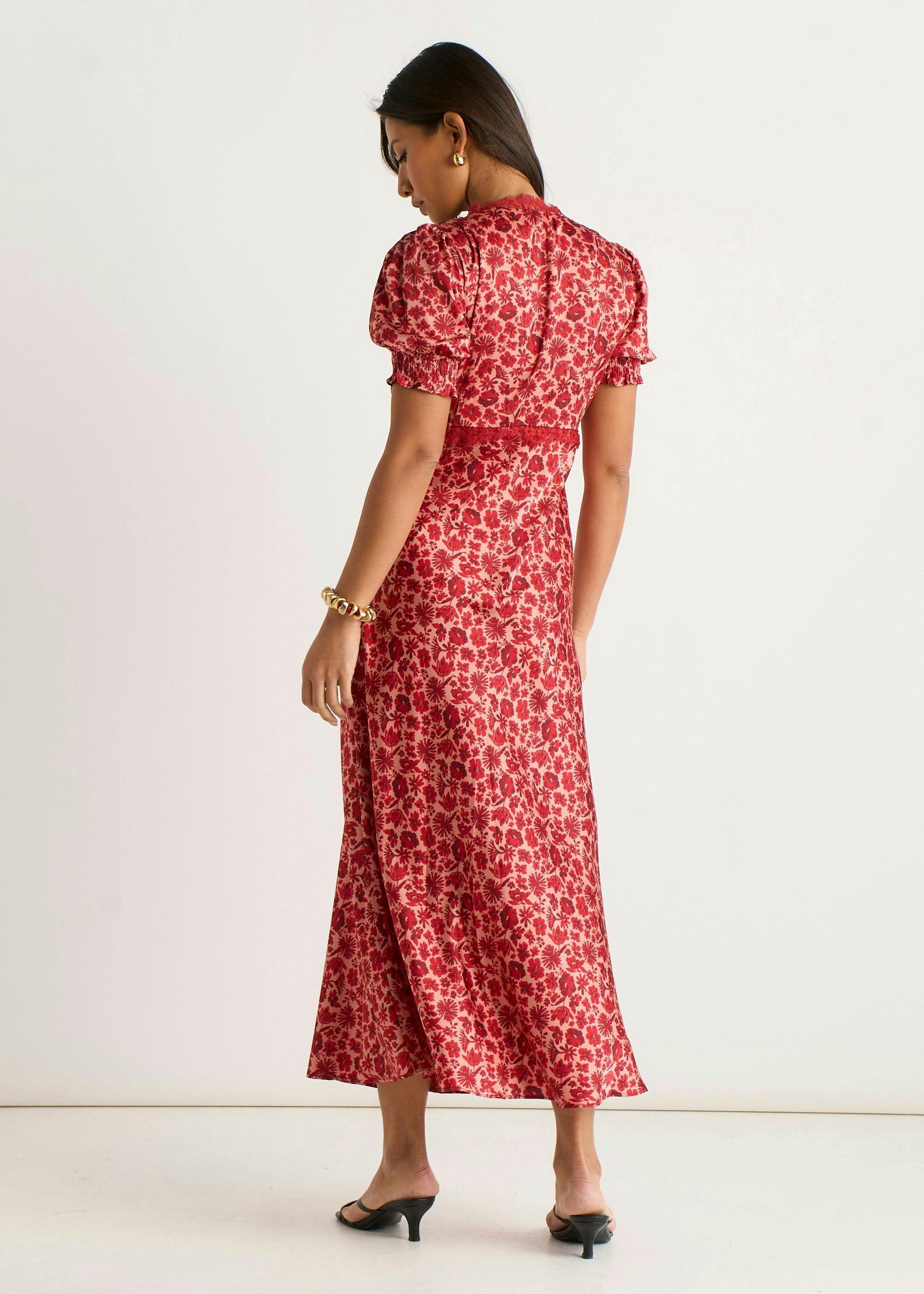 Red Floral Lace Trim V Neck Midi Dress , view 4 of 4
