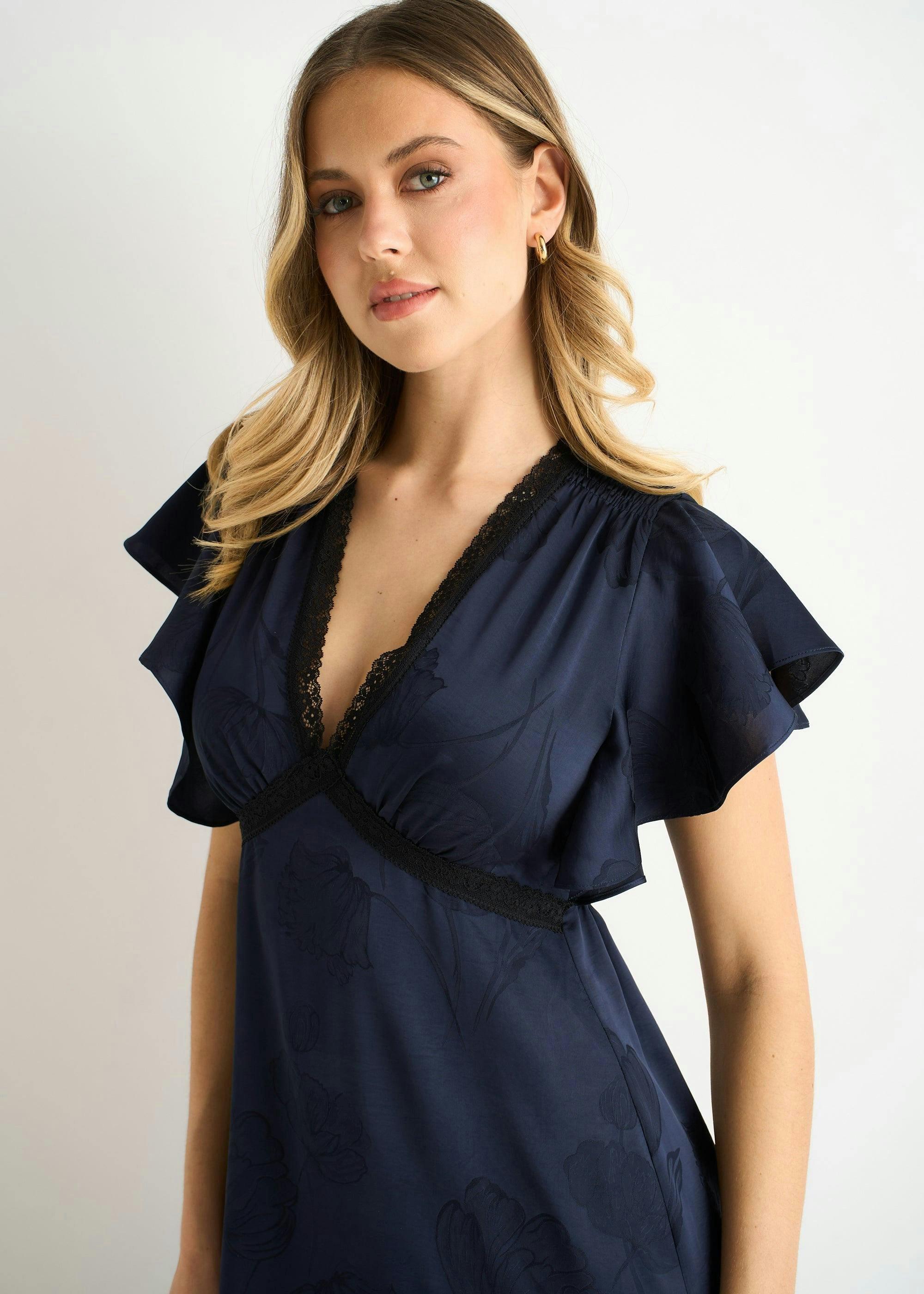 Navy Floral Satin Jacquard Lace Trim Midi Dress , view 2 of 4