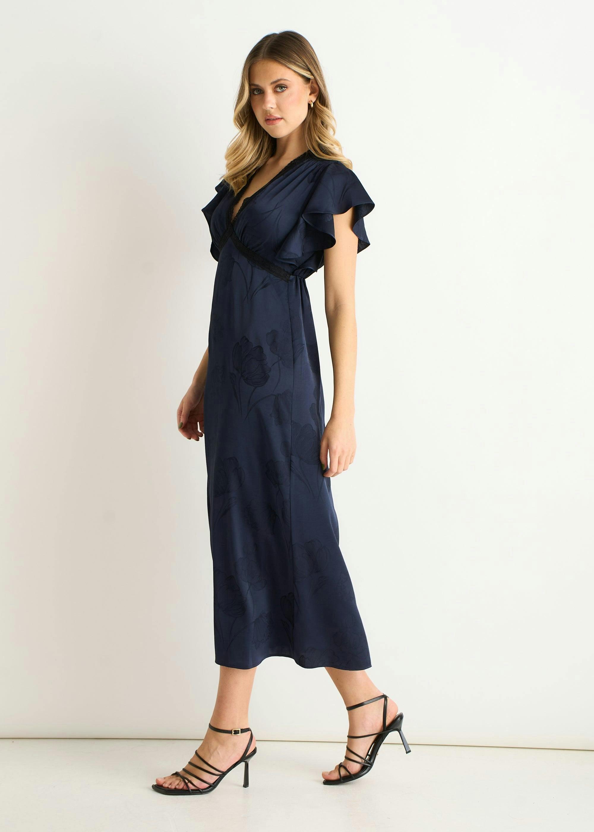 Navy Floral Satin Jacquard Lace Trim Midi Dress , view 3 of 4