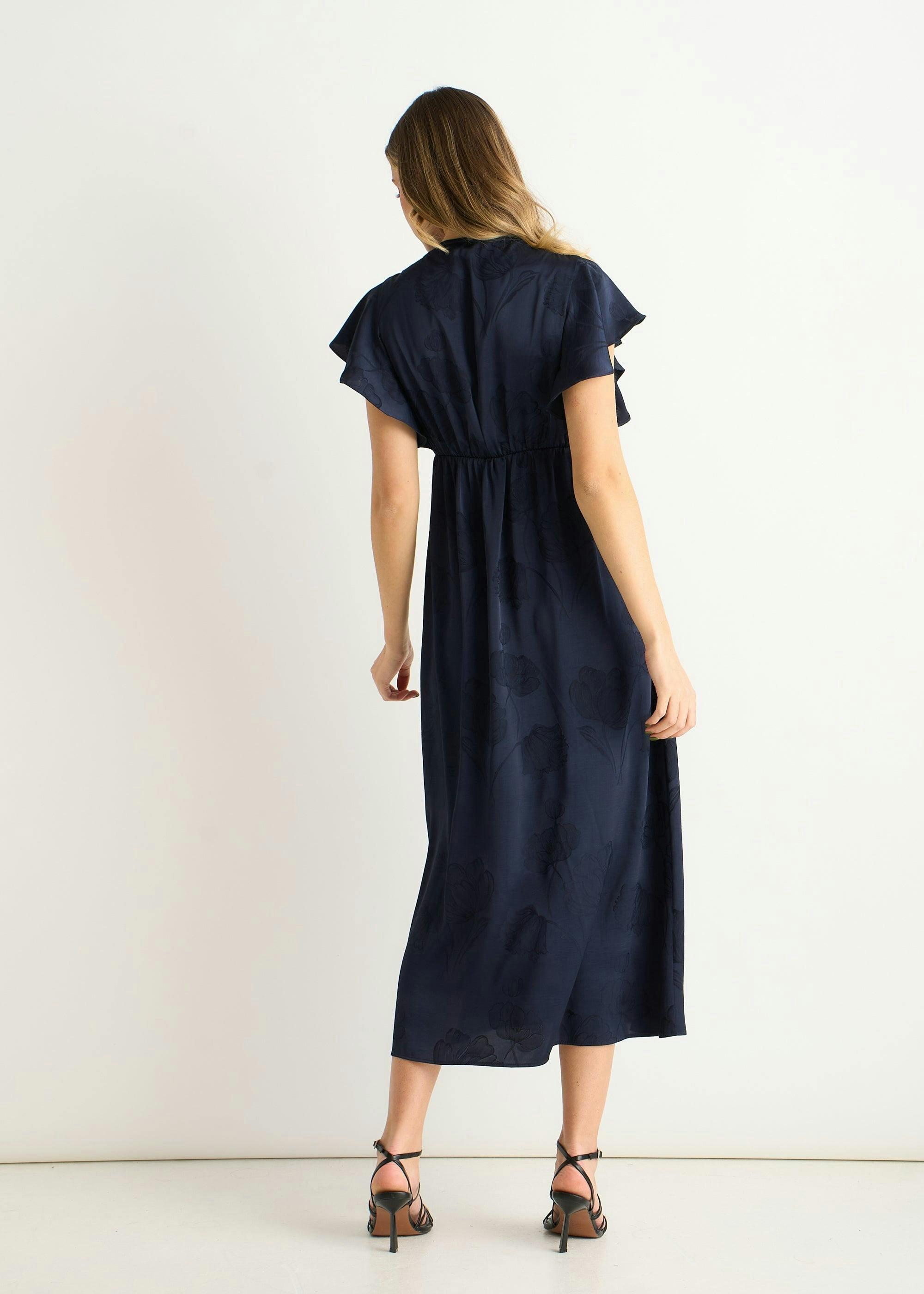 Navy Floral Satin Jacquard Lace Trim Midi Dress , view 4 of 4