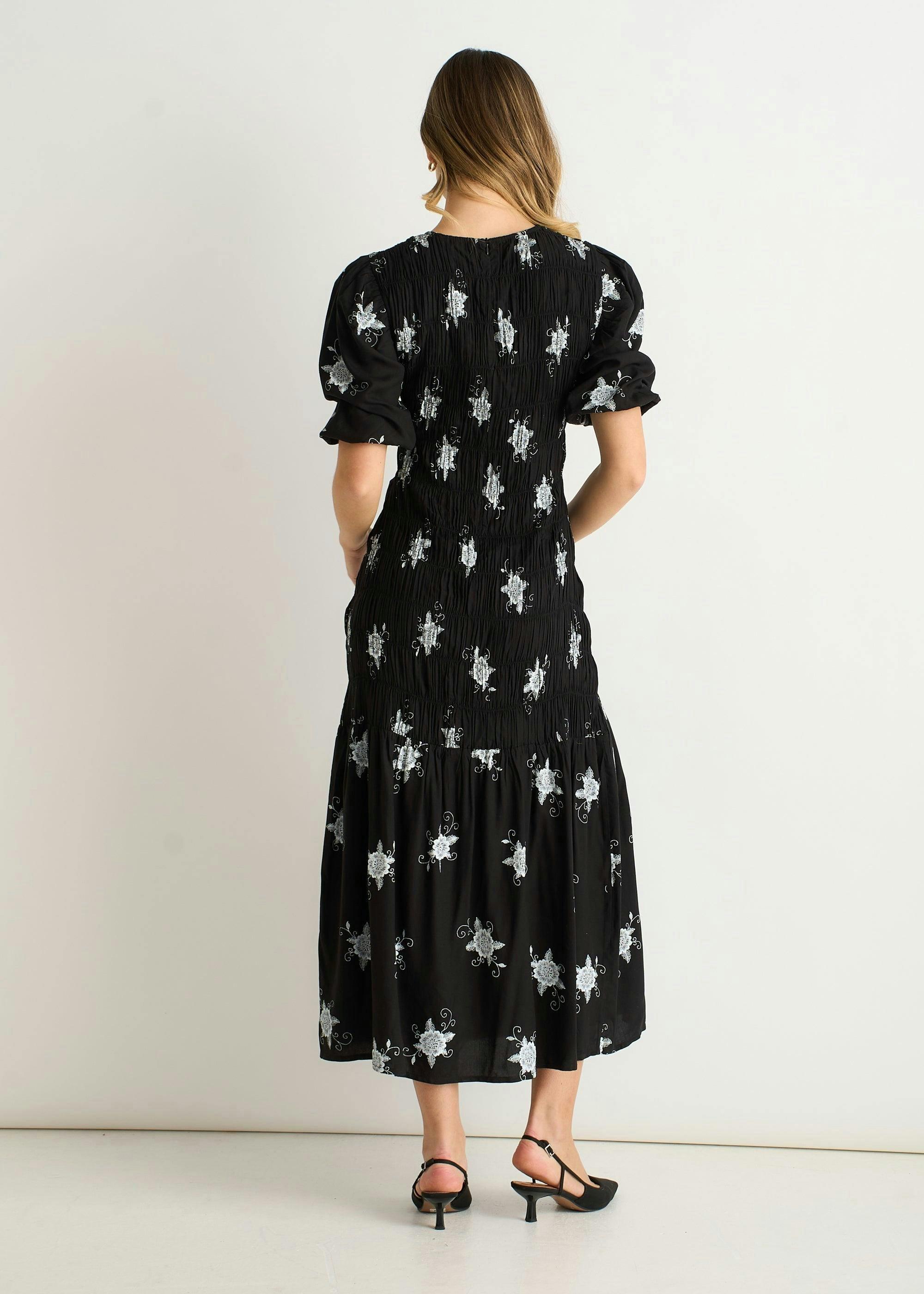 Black 3/4 Sleeves Paisley Ruched Midi Dress , view 2 of 4