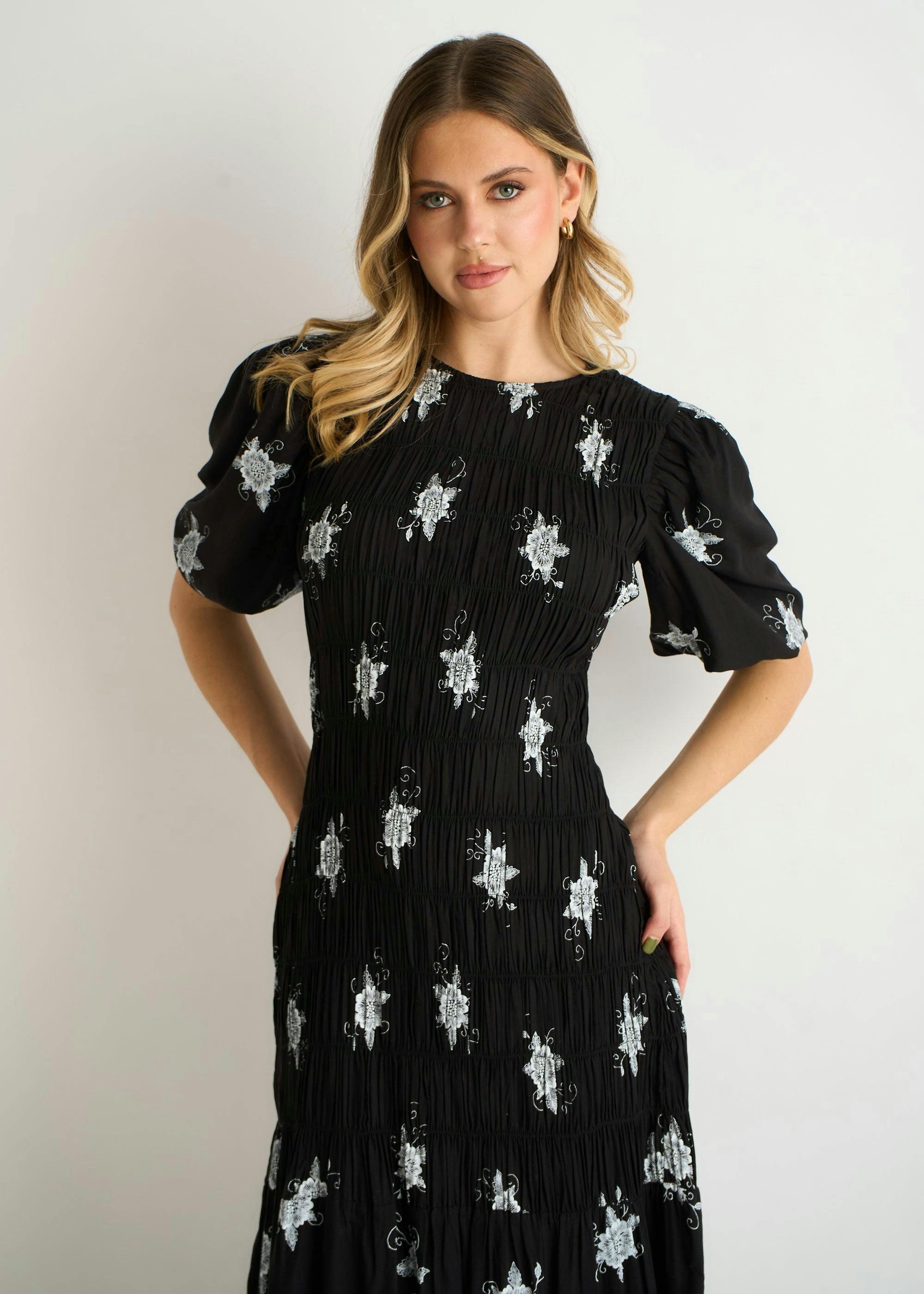 Black 3/4 Sleeves Paisley Ruched Midi Dress , view 3 of 4