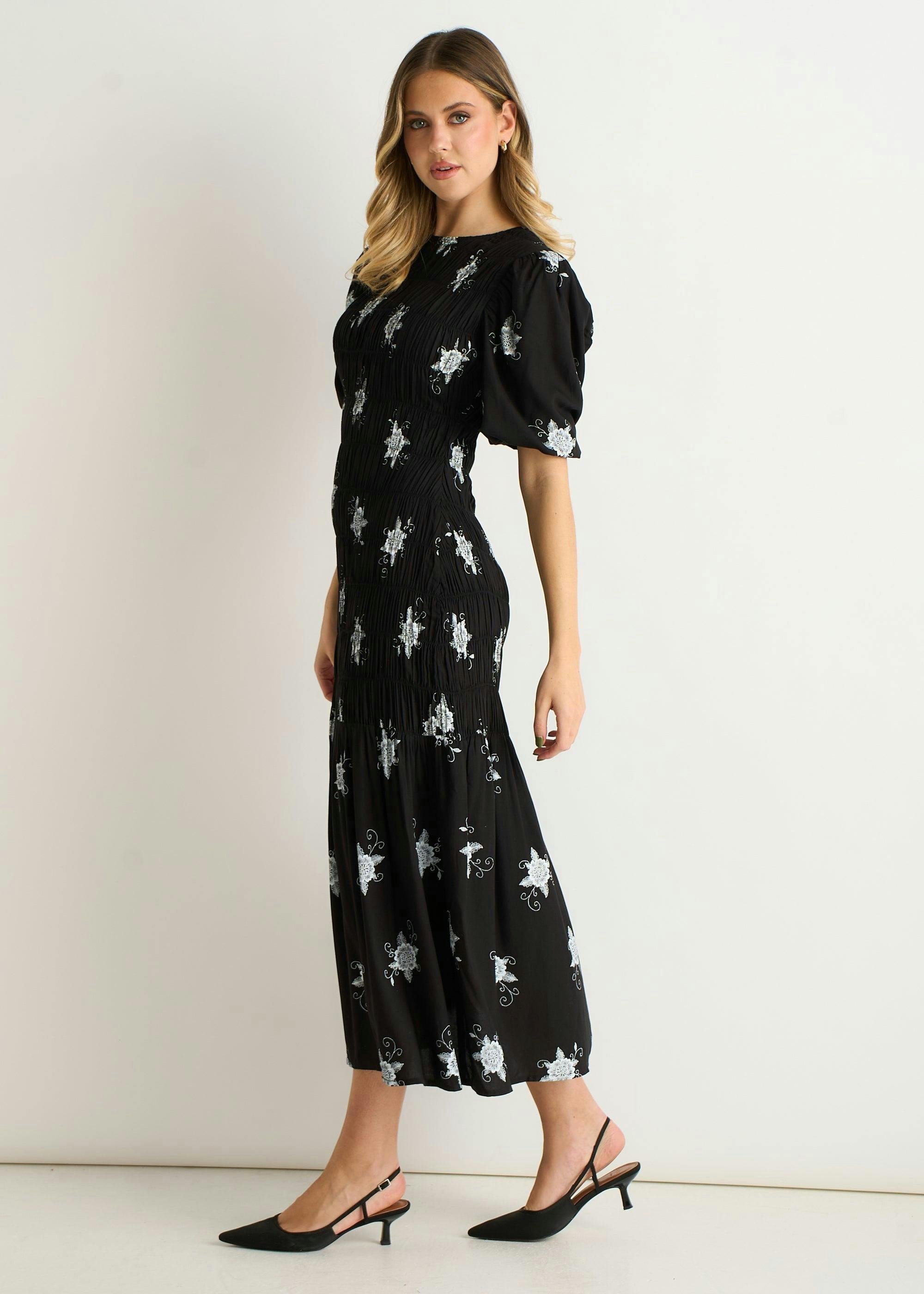 Black 3/4 Sleeves Paisley Ruched Midi Dress , view 4 of 4