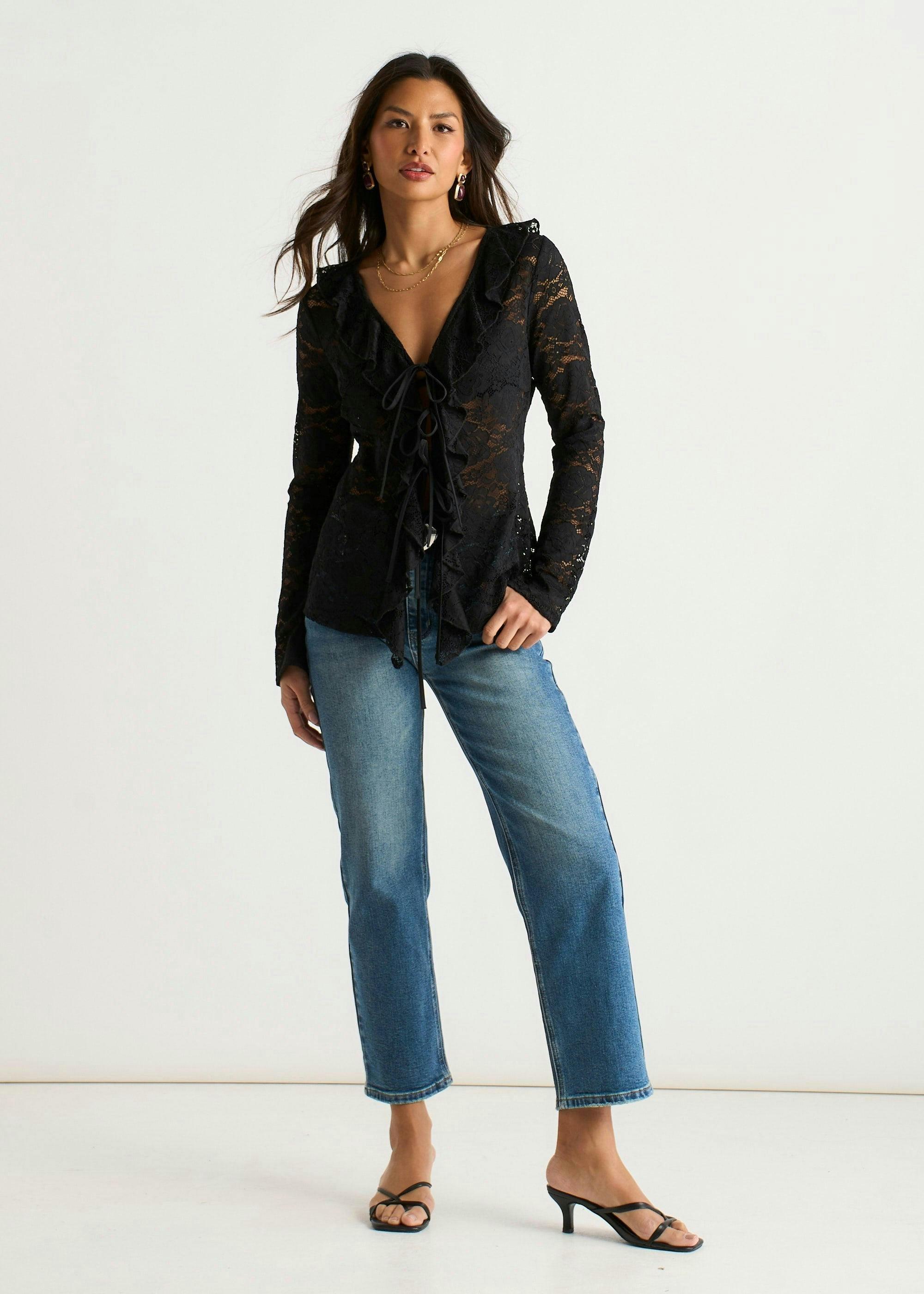 Black Jersey Lace Ruffle Tie Front Blouse , view 2 of 4