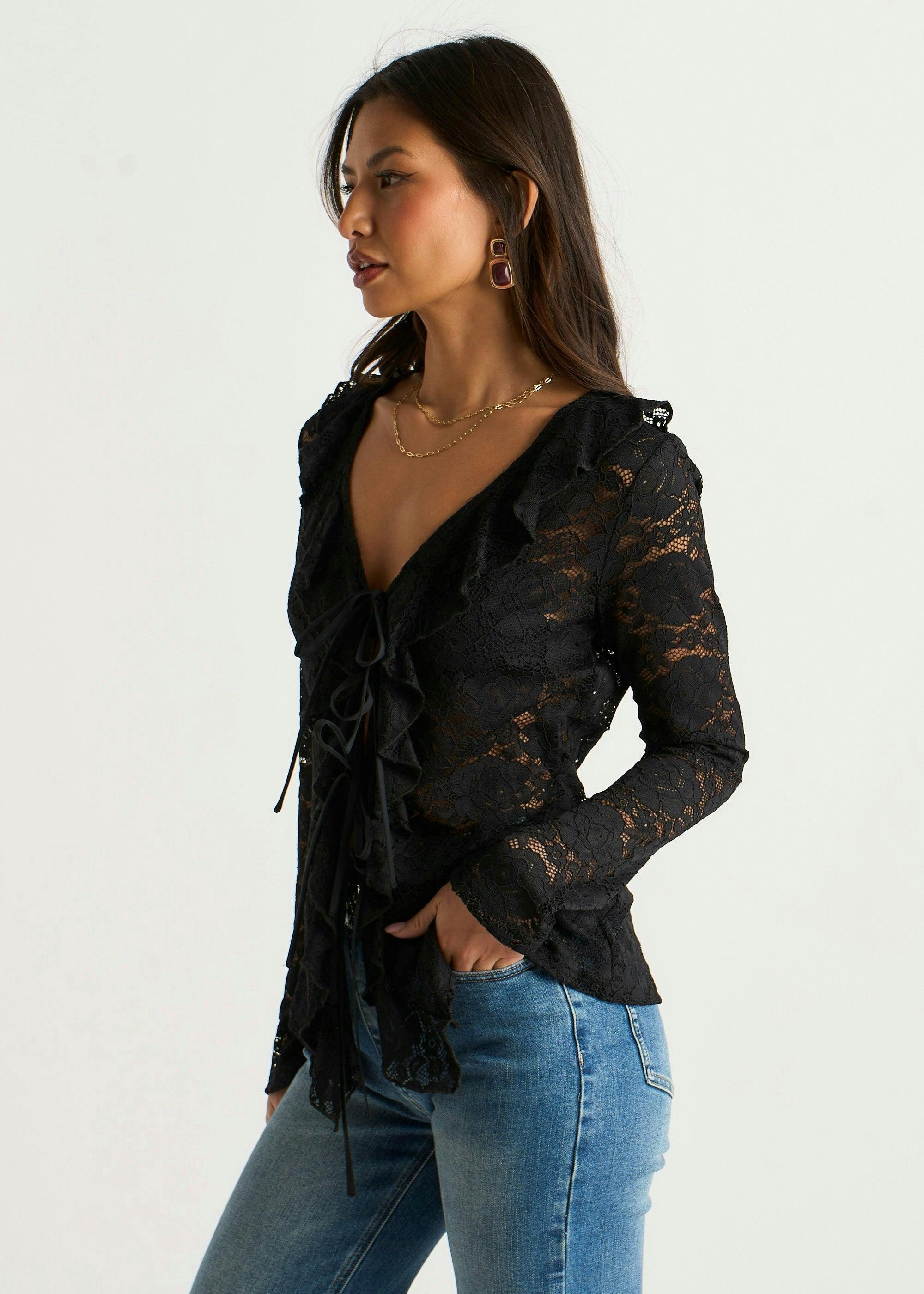 Black Jersey Lace Ruffle Tie Front Blouse , view 4 of 4