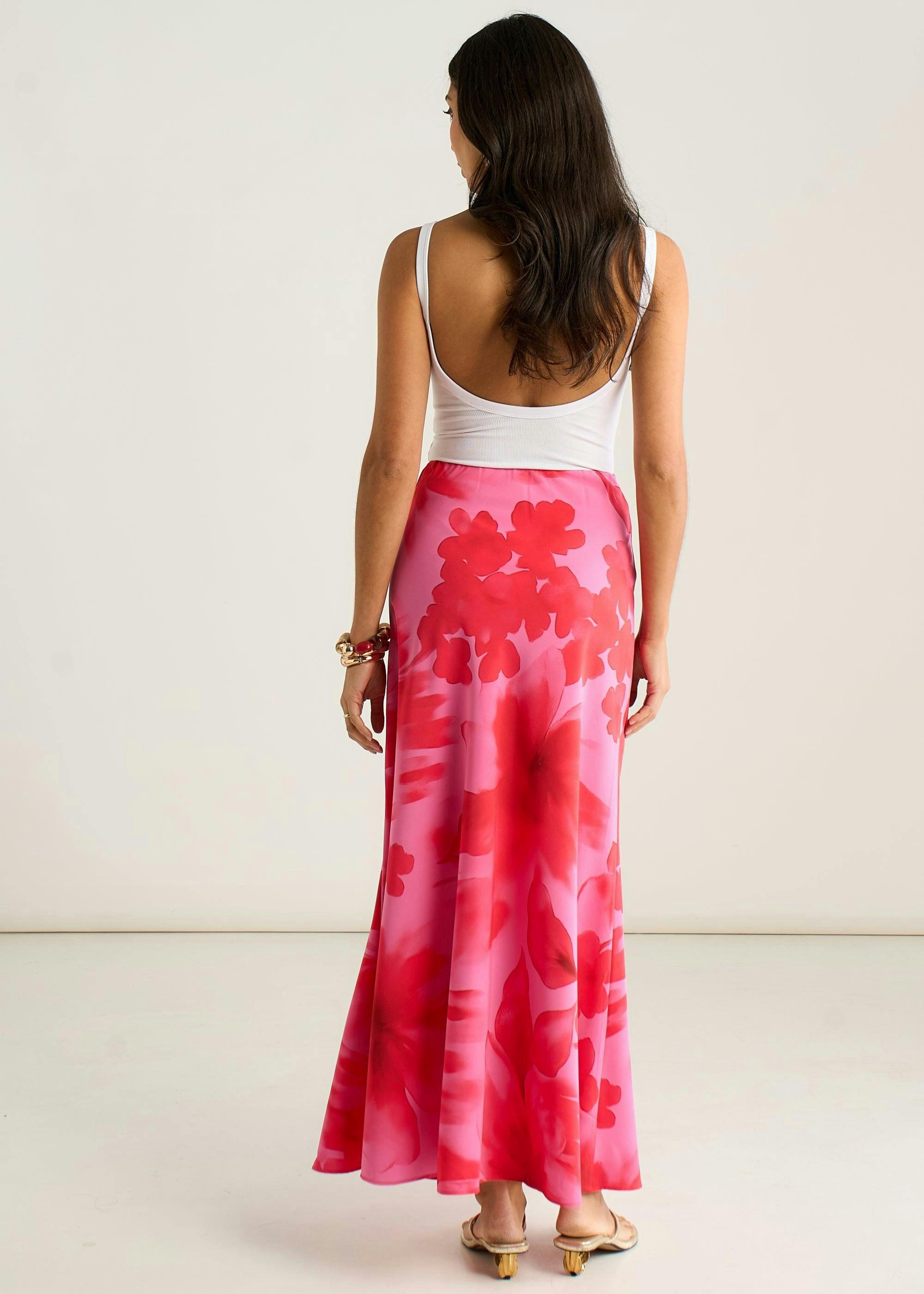 Pink Watercolour Floral Print A Line Maxi Skirt , view 2 of 4