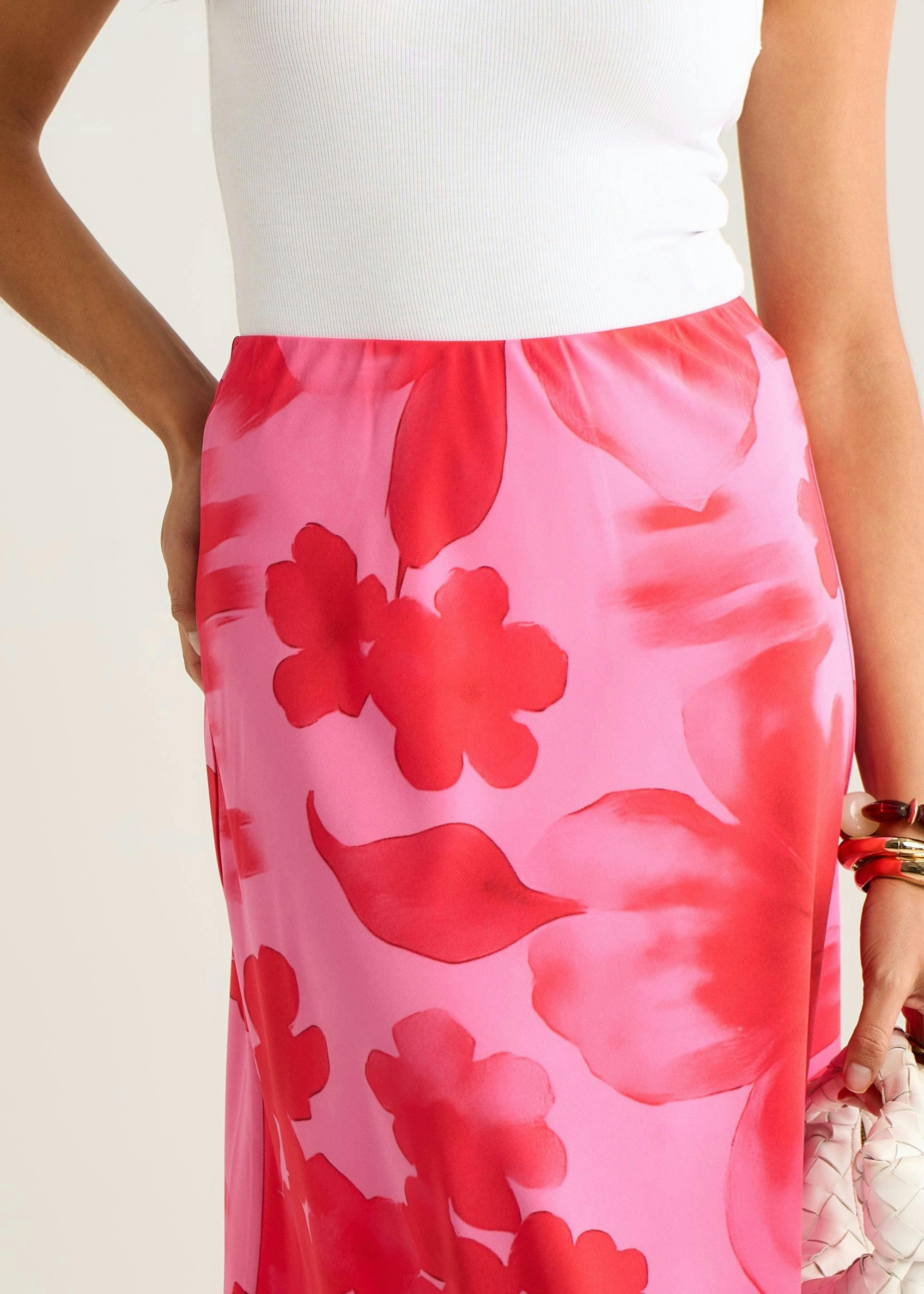 Pink Watercolour Floral Print A Line Maxi Skirt , view 3 of 4