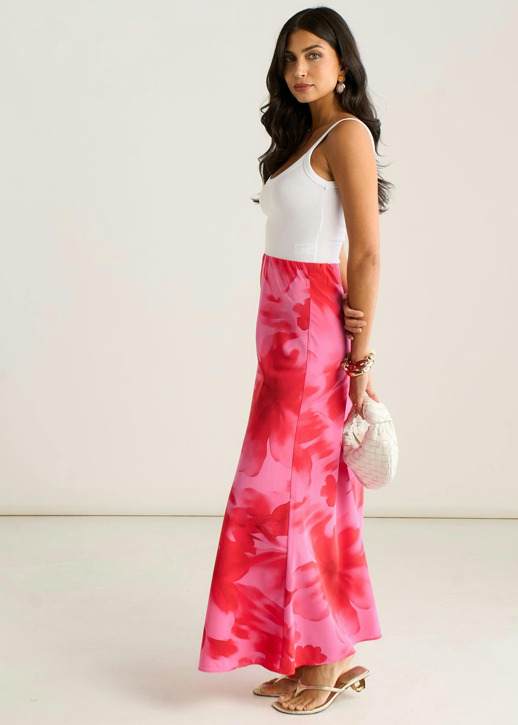 Pink Watercolour Floral Print A Line Maxi Skirt , view 4 of 4