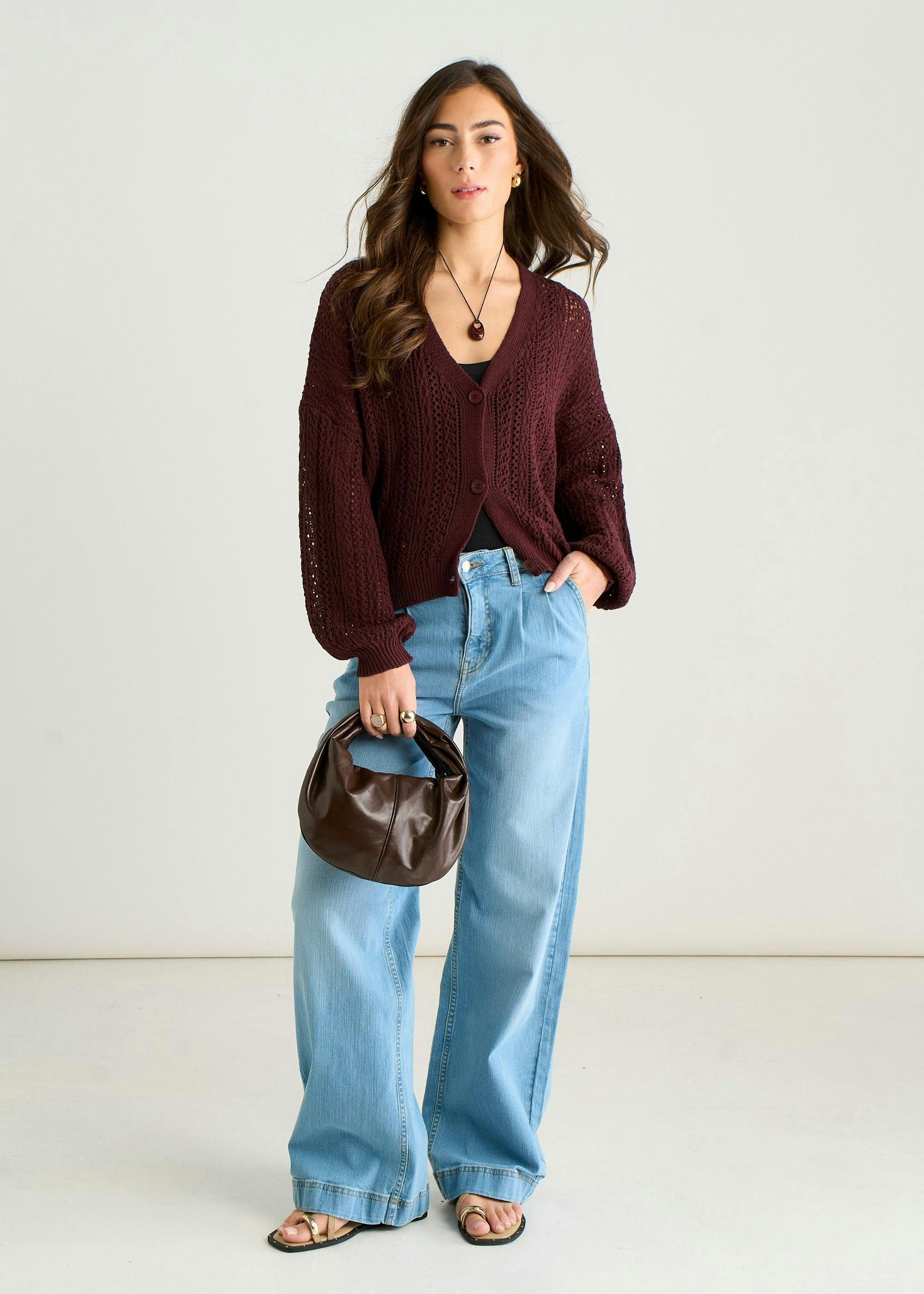 Chocolate Pointelle Knit Button-Front Cardigan , view 3 of 4