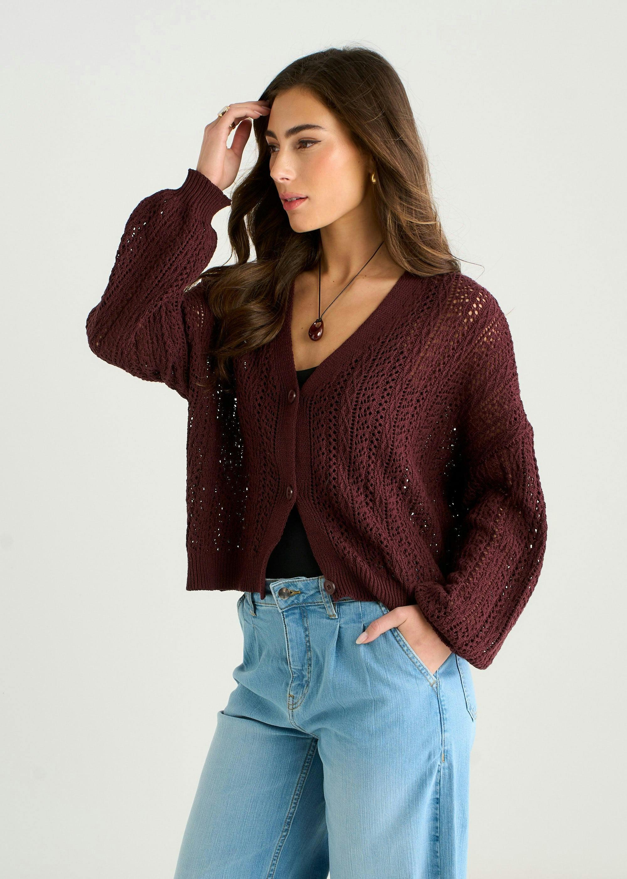 Chocolate Pointelle Knit Button-Front Cardigan , view 4 of 4