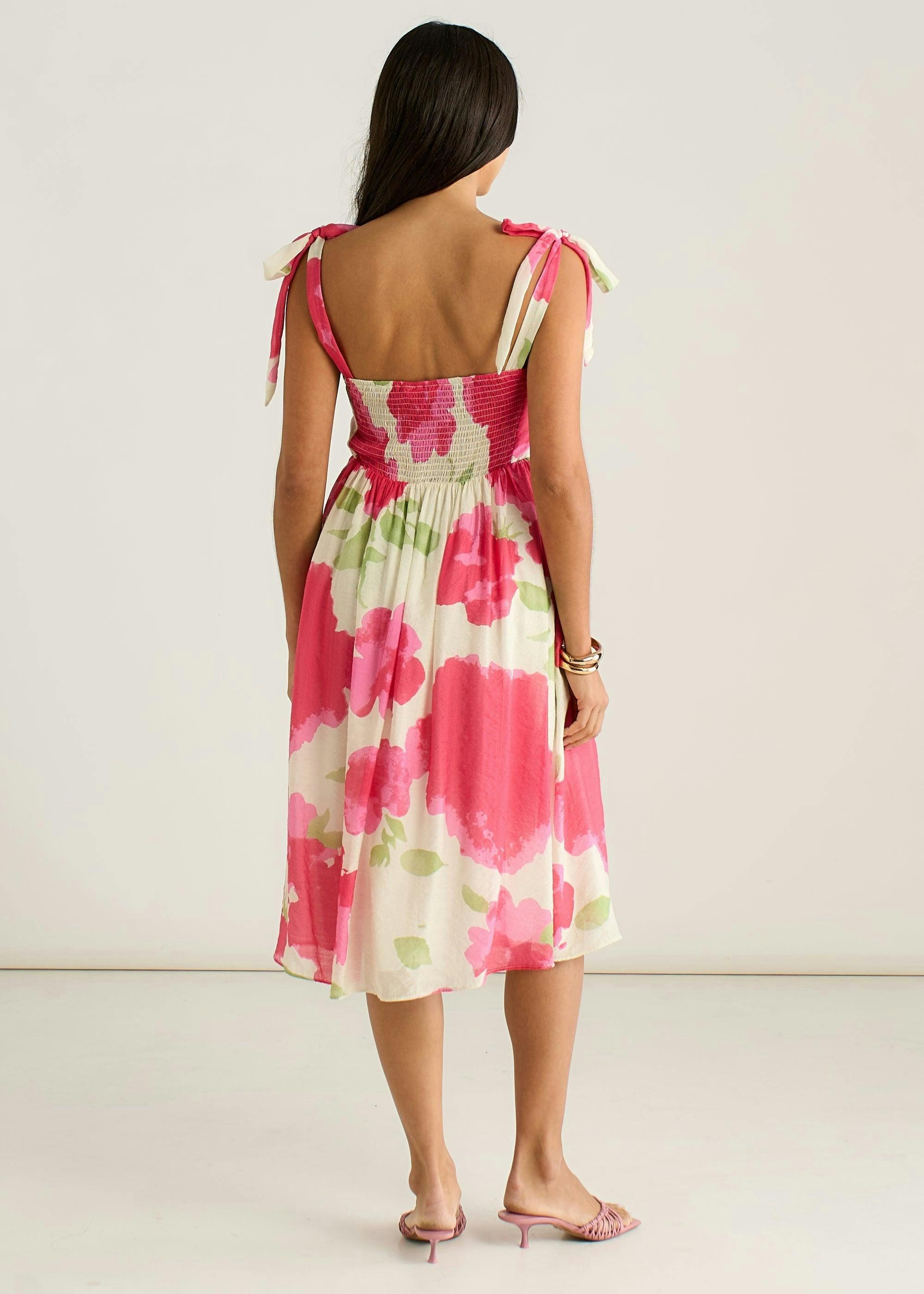 Pink Floral Tie Straps Midi Dress , view 2 of 4