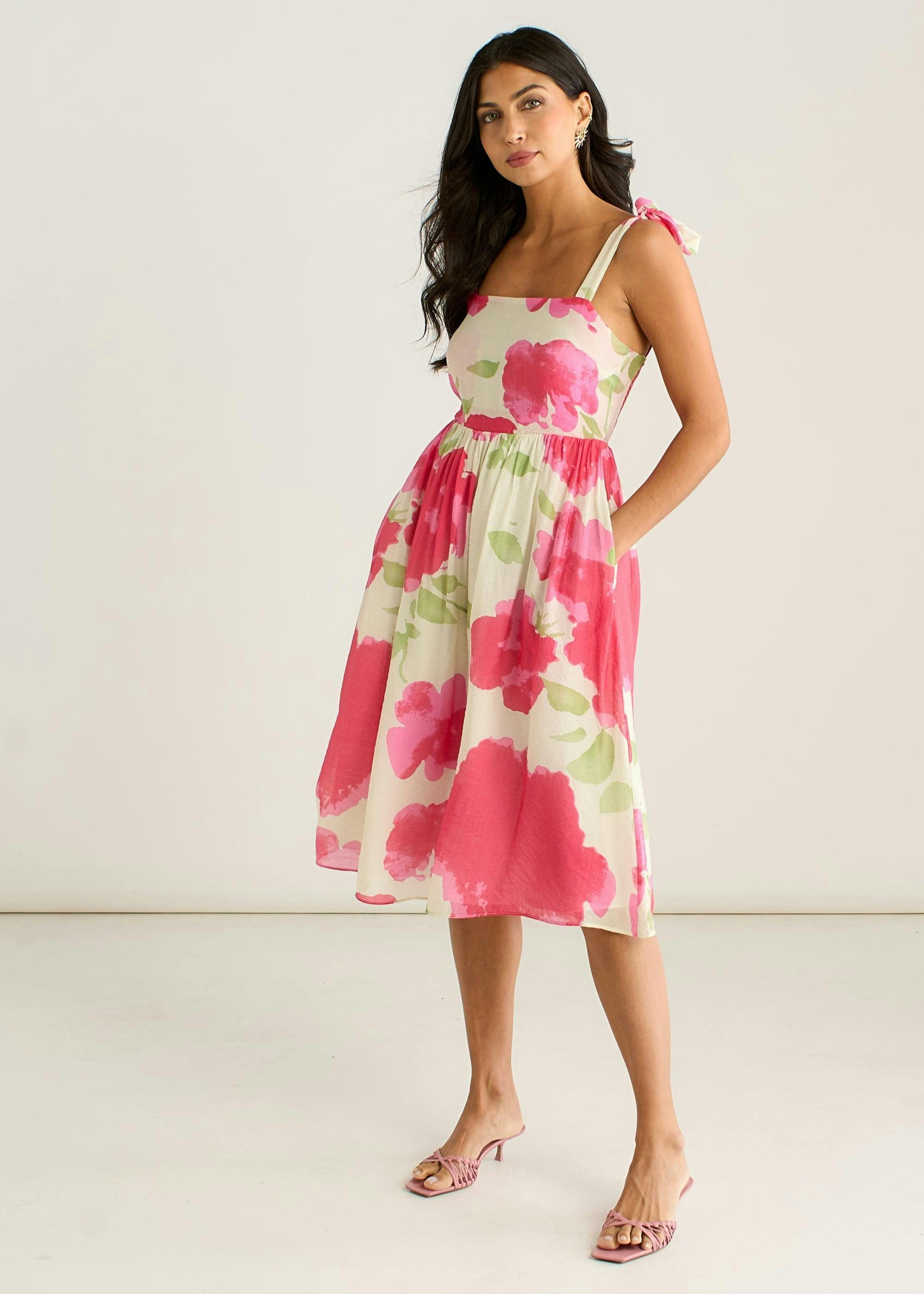 Pink Floral Tie Straps Midi Dress , view 4 of 4