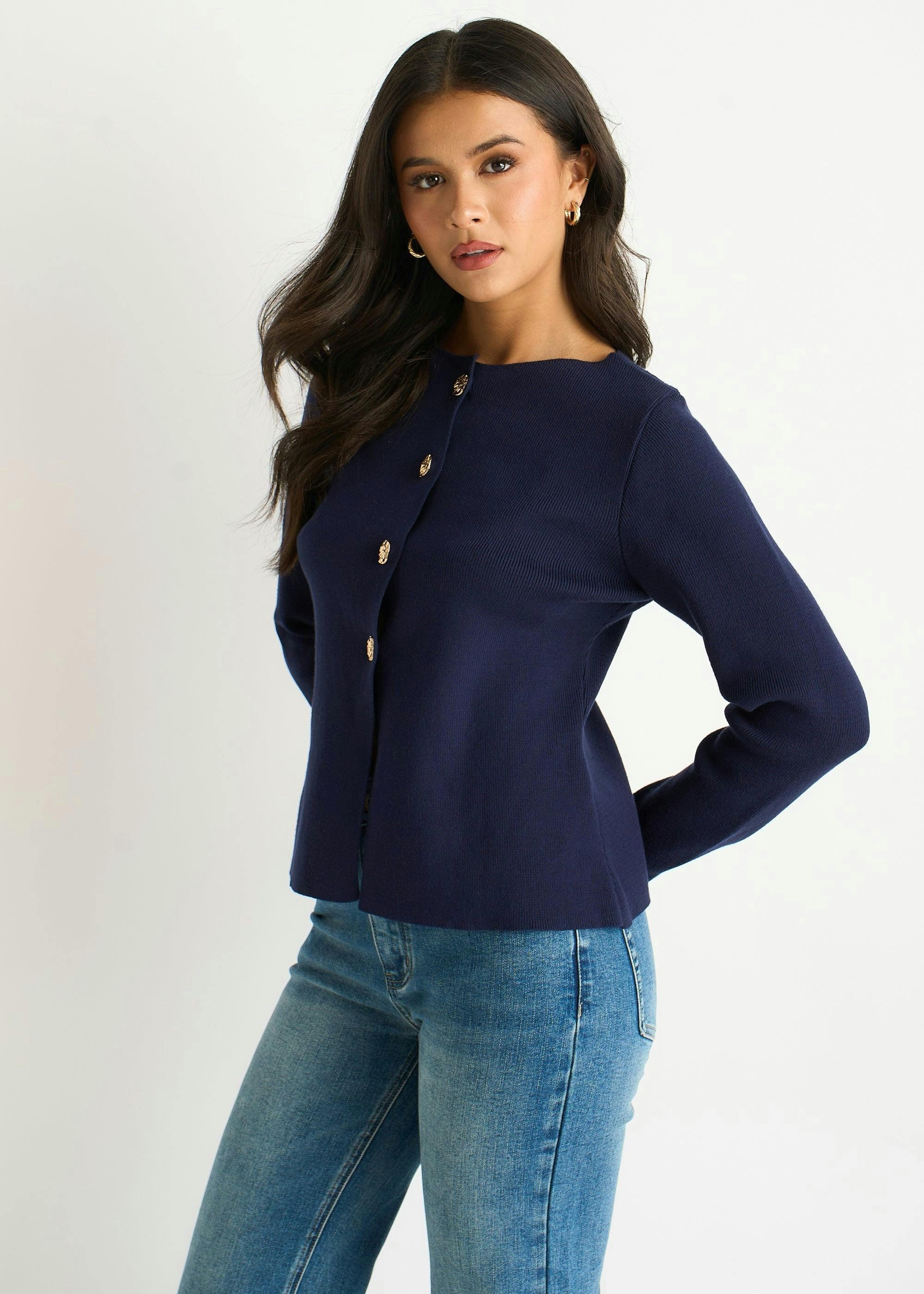 Navy Gold Buttons Ribbed Knit Cardigan , view 3 of 4