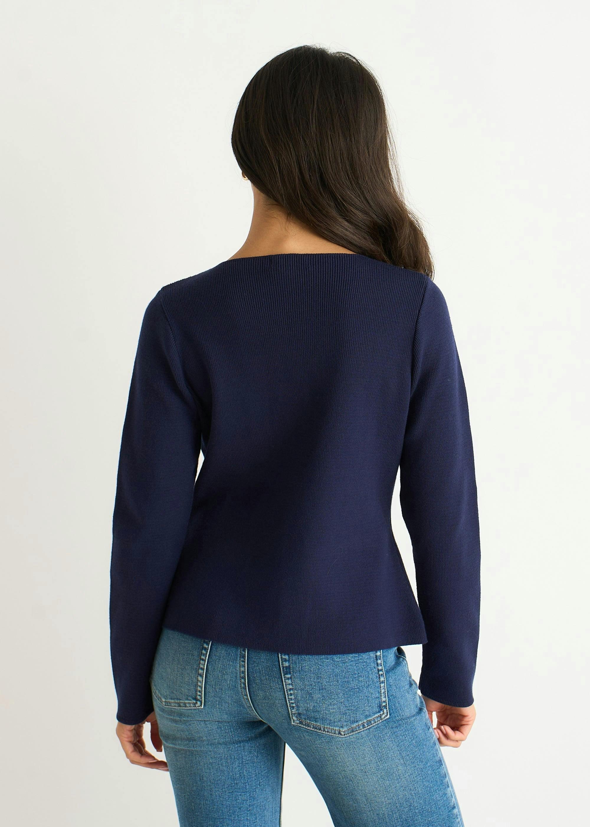 Navy Gold Buttons Ribbed Knit Cardigan , view 4 of 4