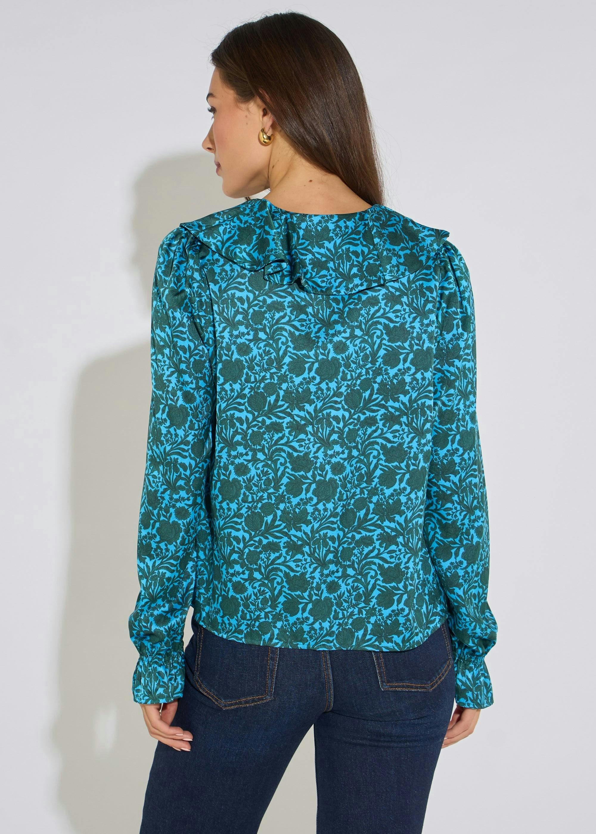Blue Floral Print Ruffle Front Blouse , view 2 of 4