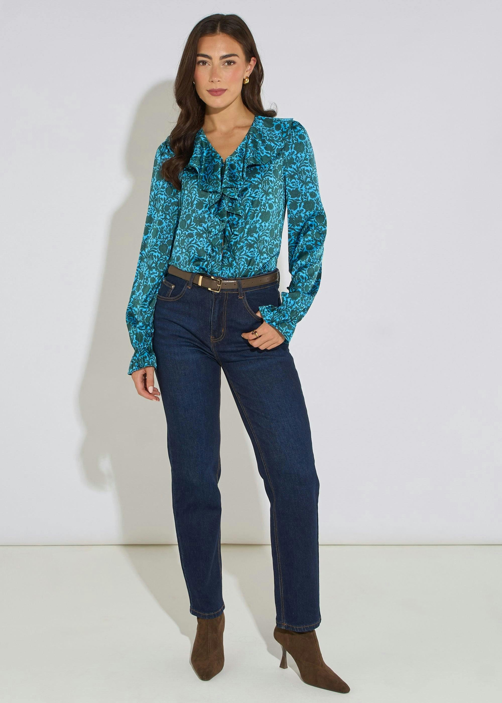 Blue Floral Print Ruffle Front Blouse , view 3 of 4