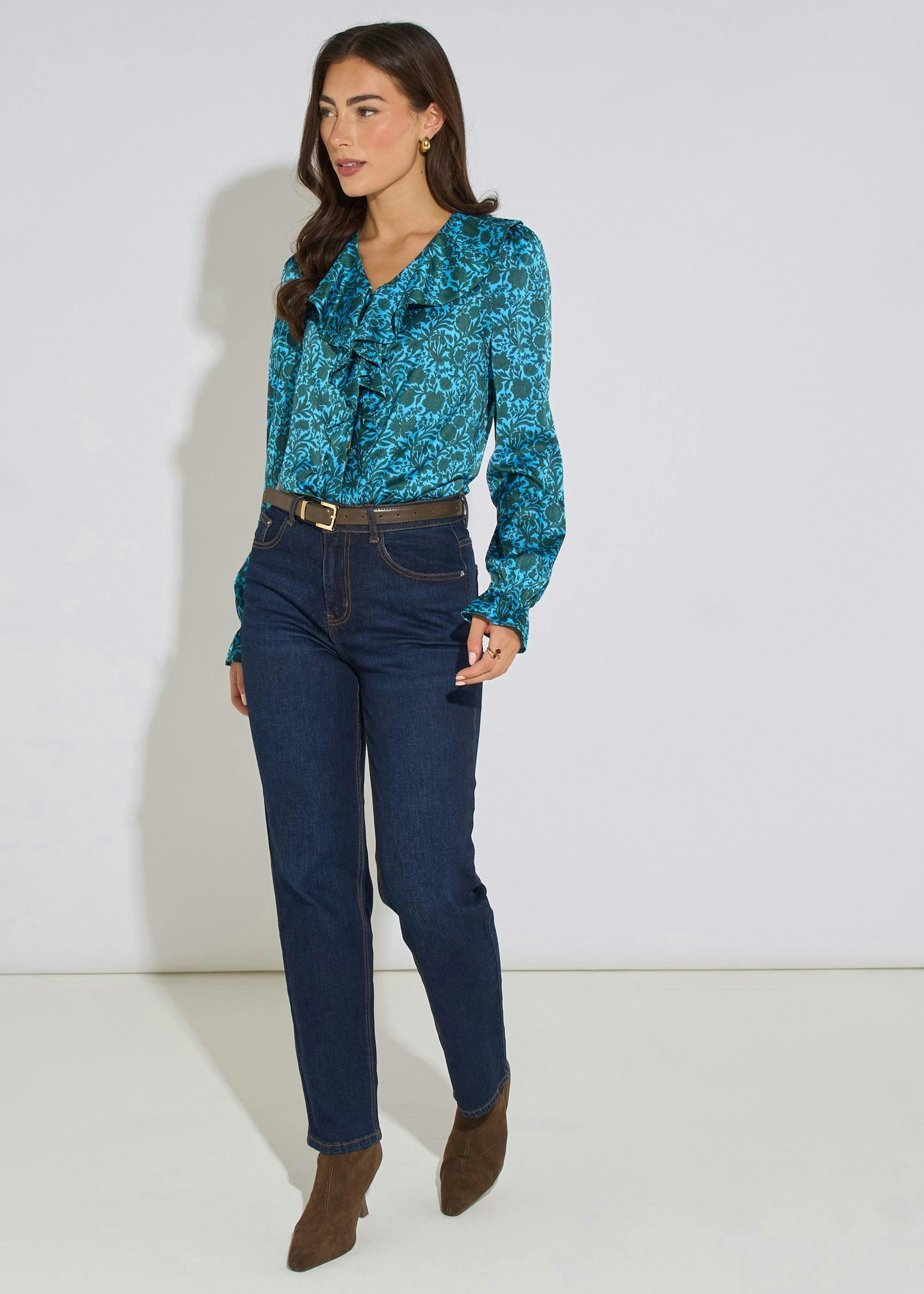 Blue Floral Print Ruffle Front Blouse , view 4 of 4