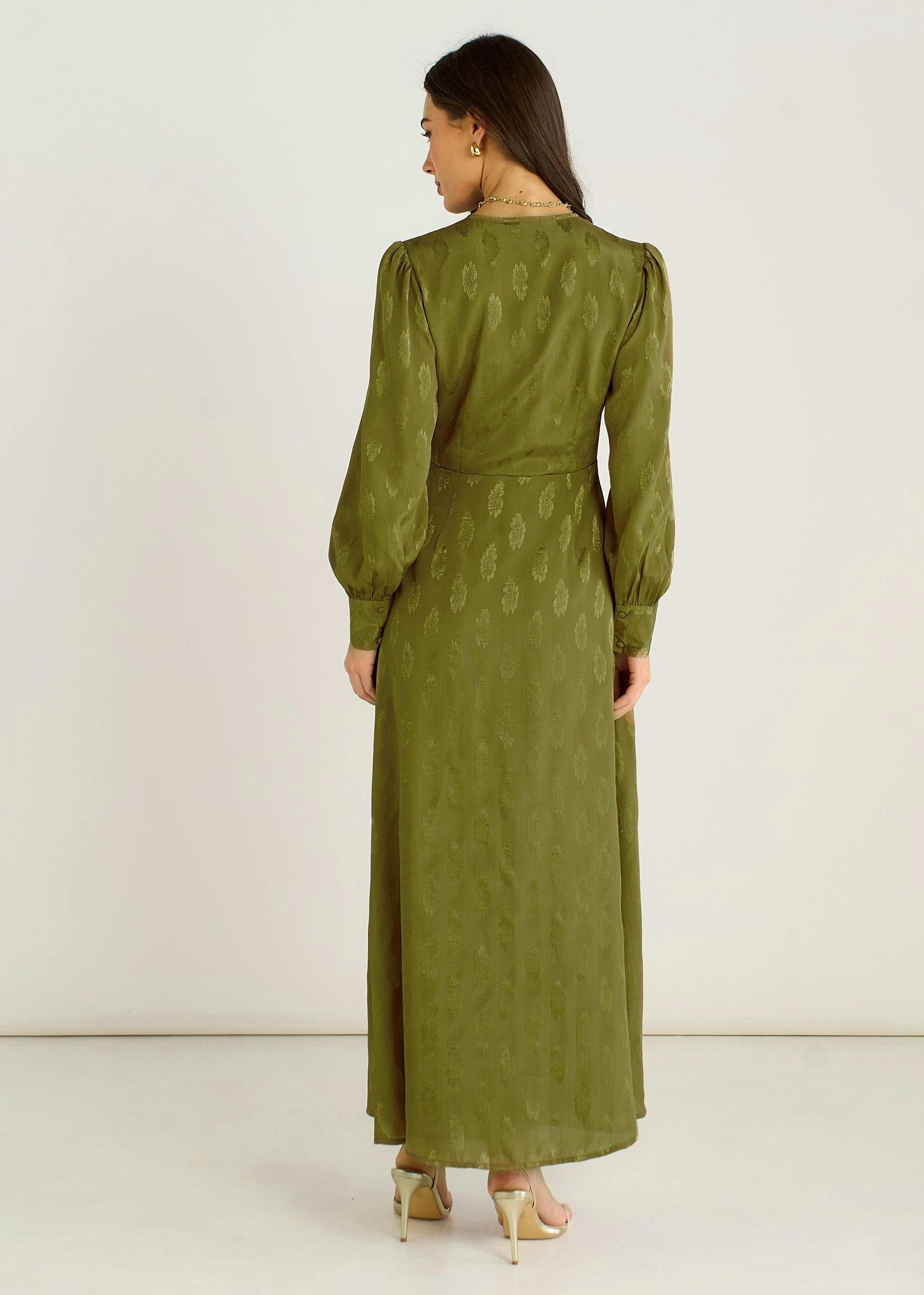 Green Long Sleeve Floral Satin Jacquard Maxi Dress , view 2 of 4