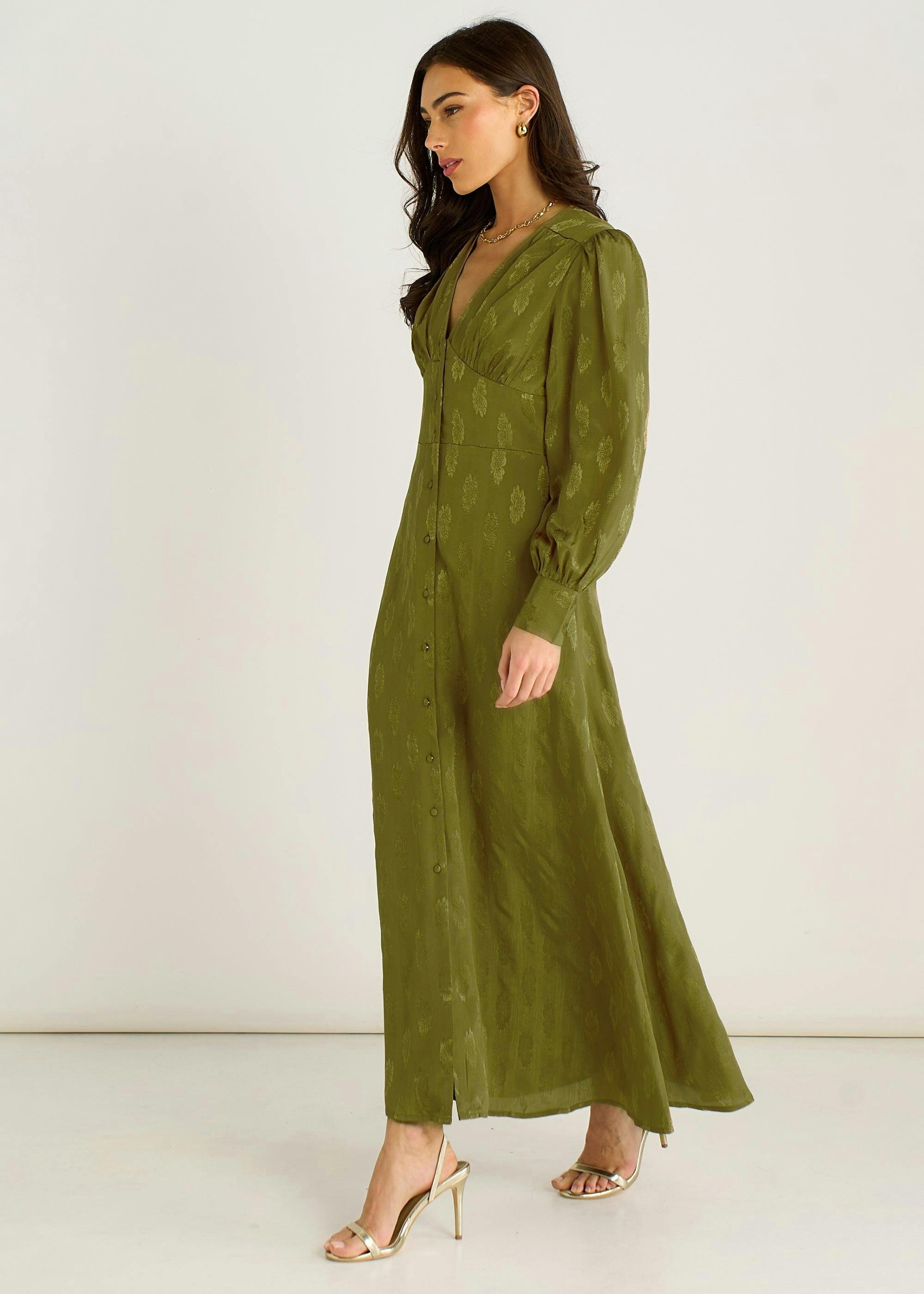 Green Long Sleeve Floral Satin Jacquard Maxi Dress , view 3 of 4