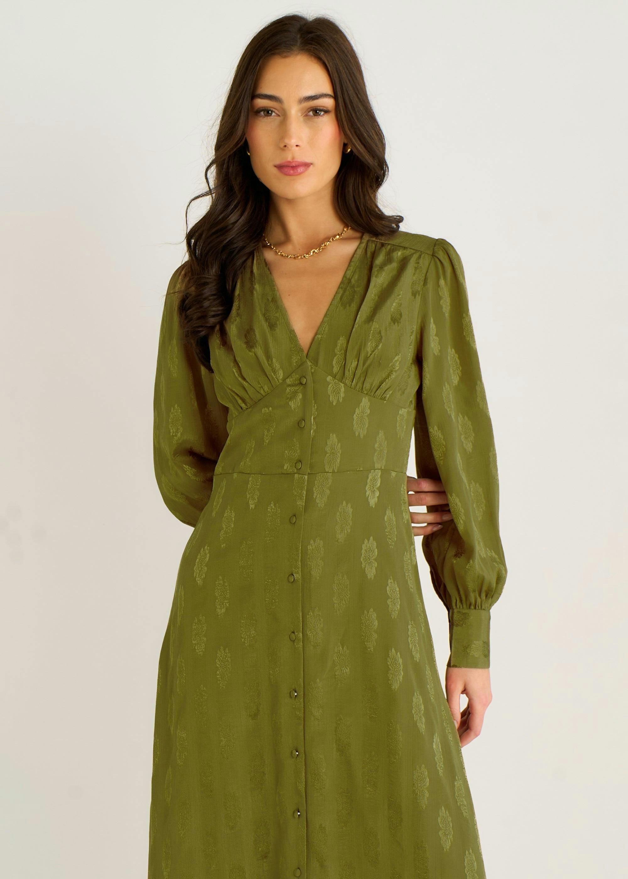 Green Long Sleeve Floral Satin Jacquard Maxi Dress , view 4 of 4