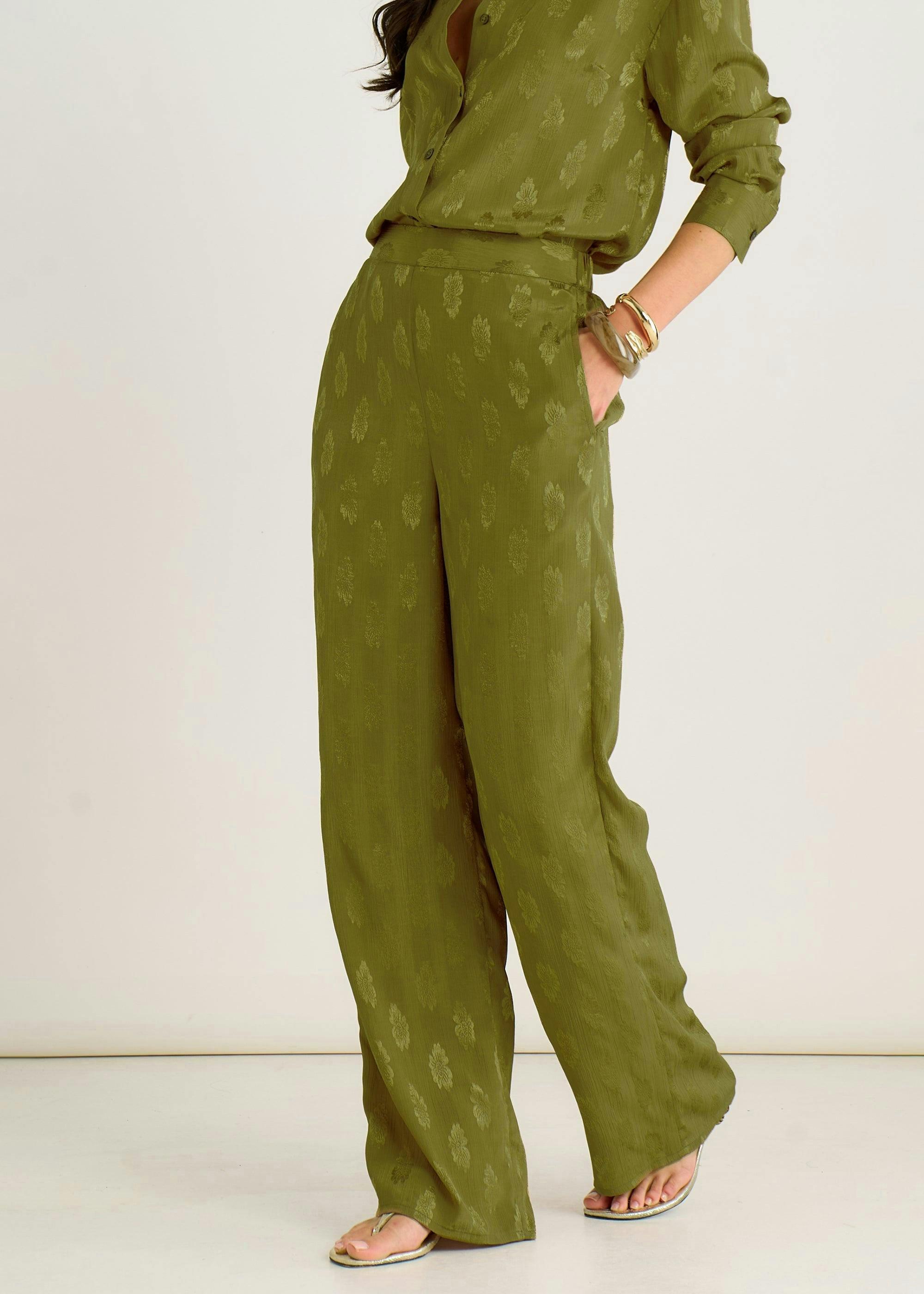 Khaki Floral Satin Jacquard Trousers , view 2 of 4