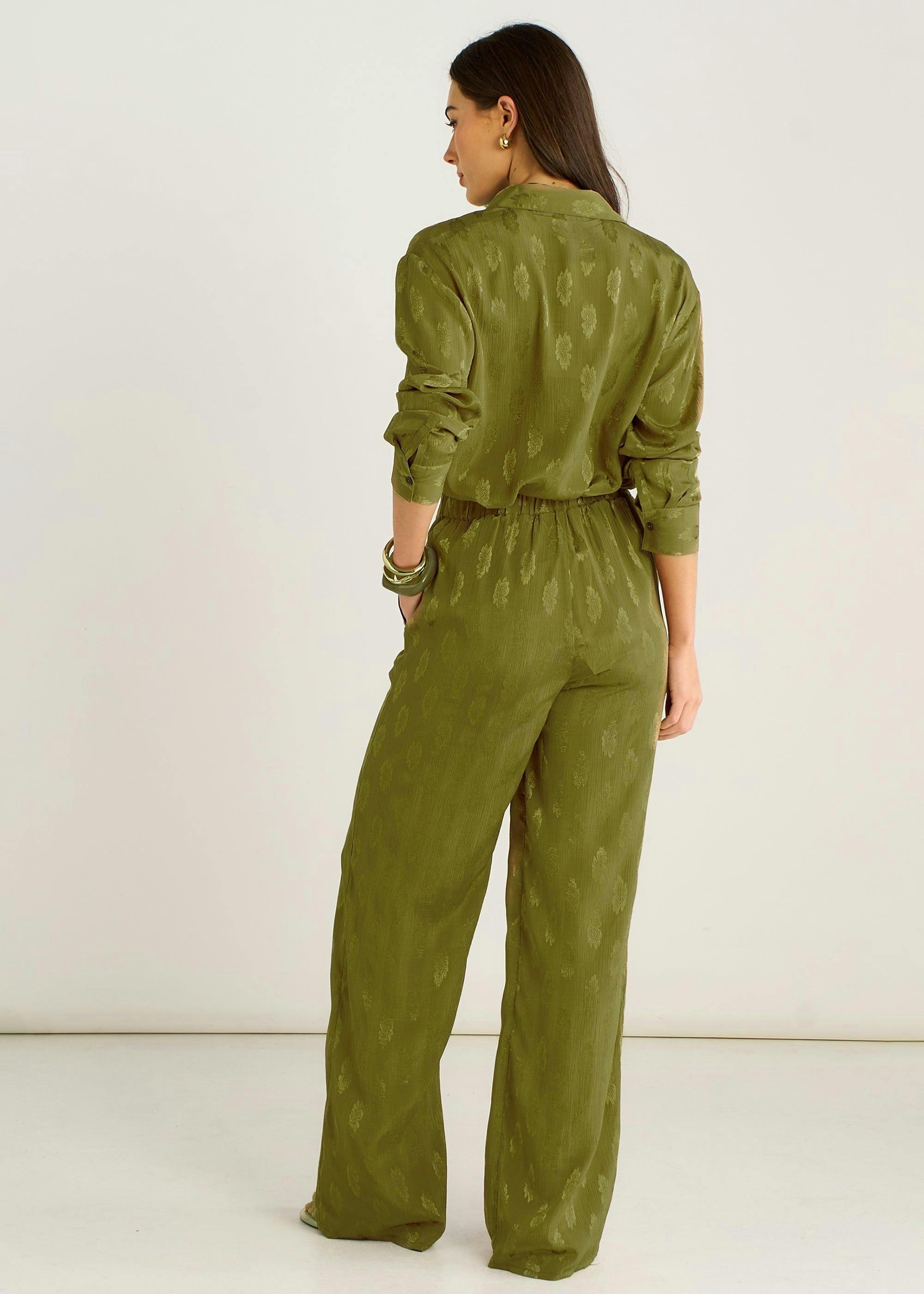 Khaki Floral Satin Jacquard Trousers , view 3 of 4