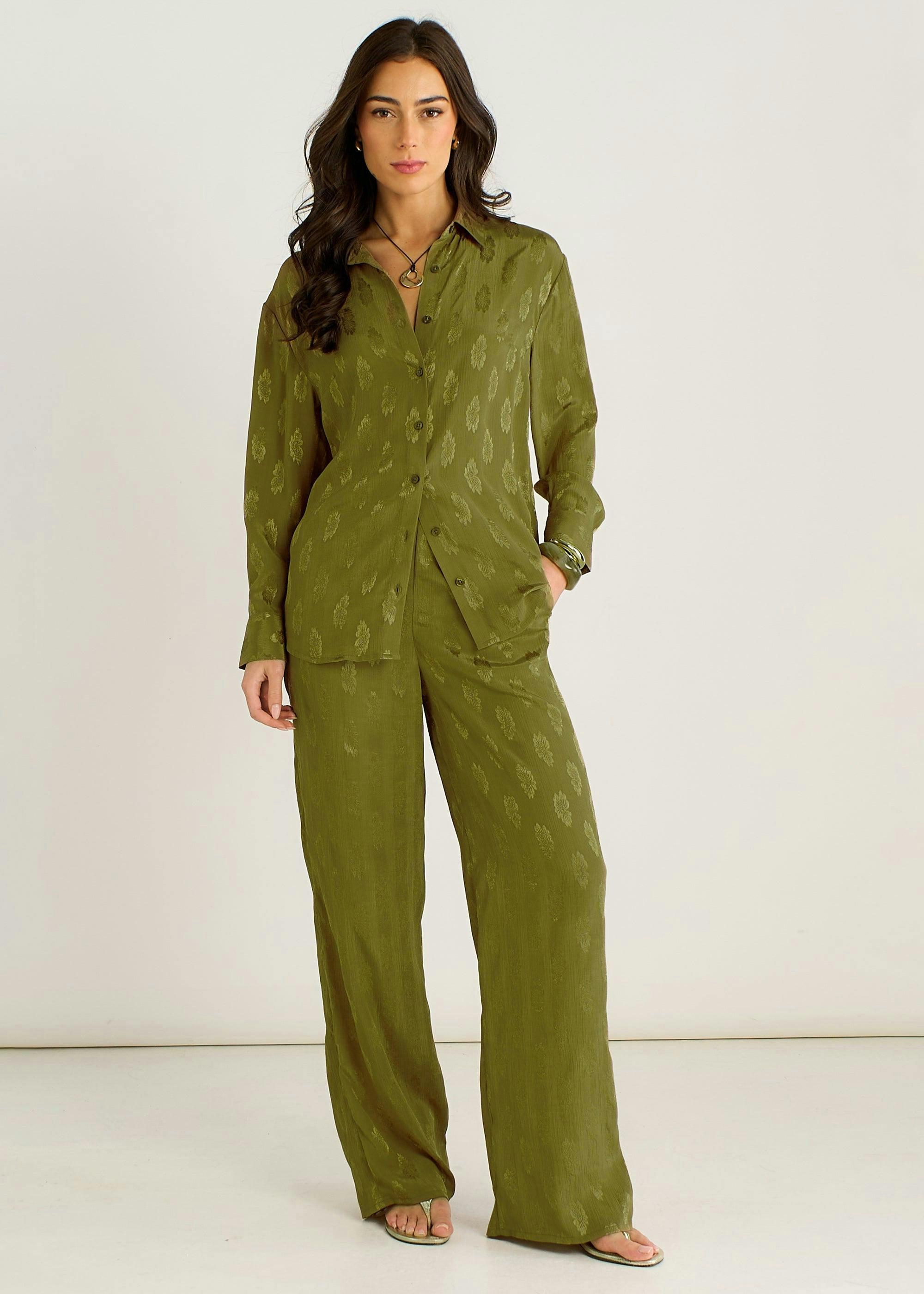 Khaki Floral Satin Jacquard Trousers , view 4 of 4