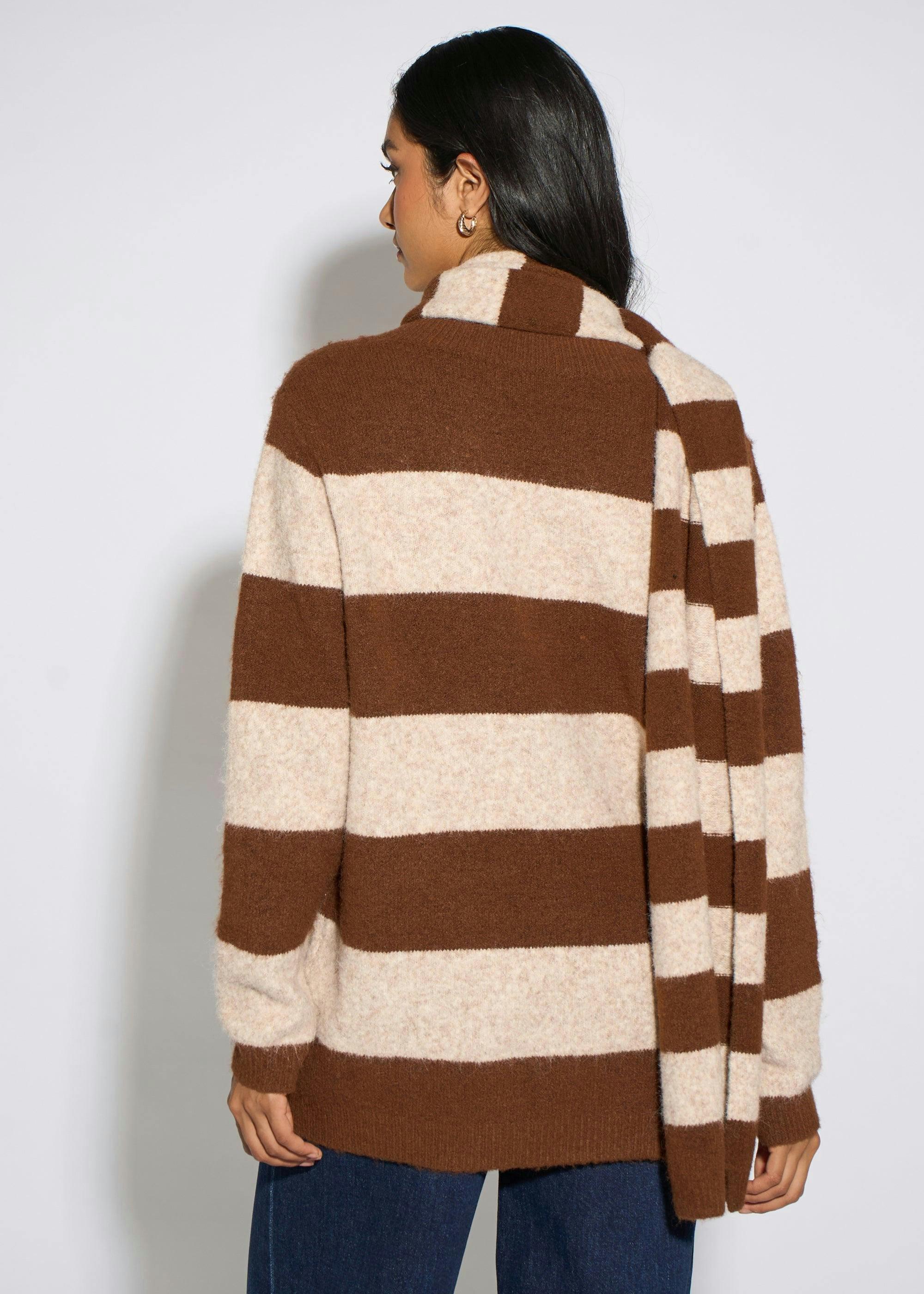 Brown Stripe V Neck Scarf Jumper , view 2 of 4