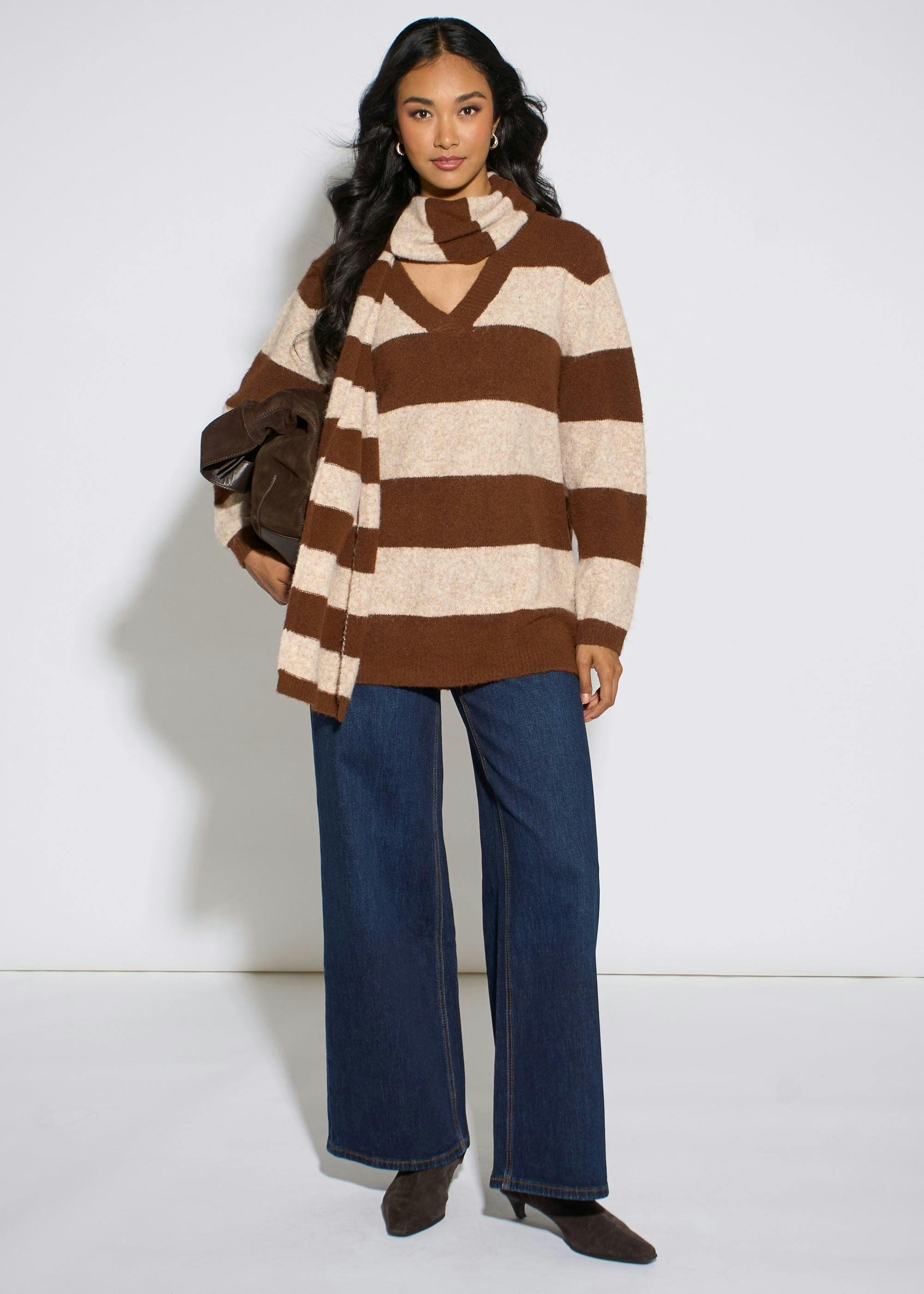 Brown Stripe V Neck Scarf Jumper , view 3 of 4