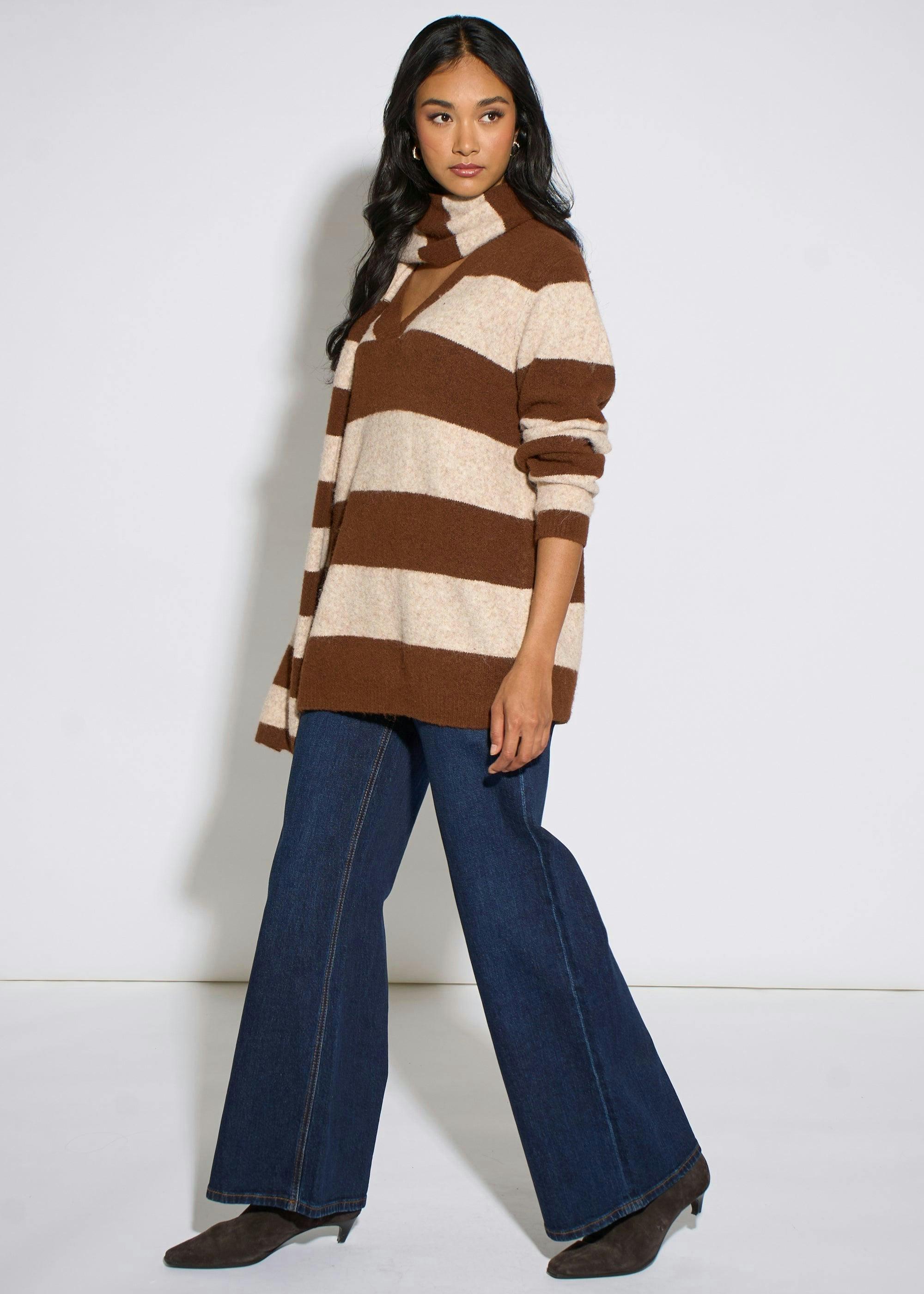 Brown Stripe V Neck Scarf Jumper , view 4 of 4