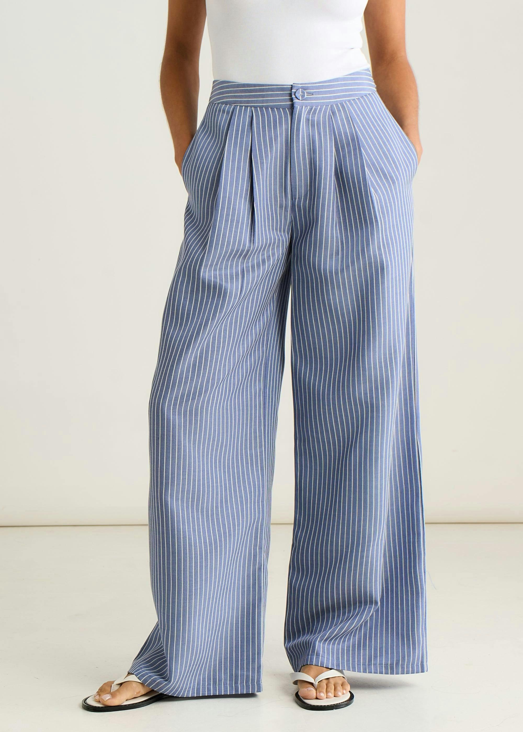 Blue Wide Leg Pleat Front Formal Trousers , view 3 of 4