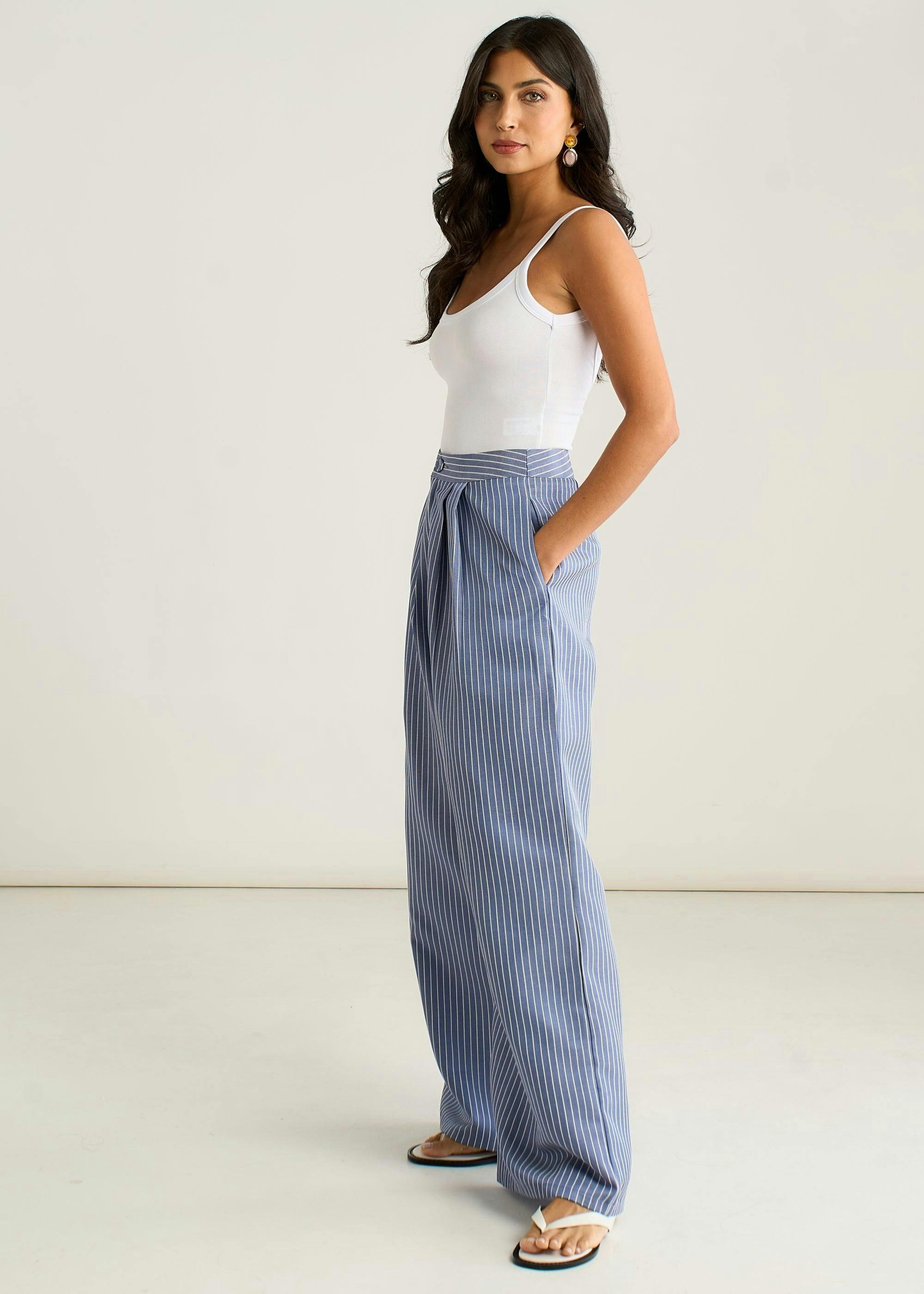 Blue Wide Leg Pleat Front Formal Trousers , view 4 of 4